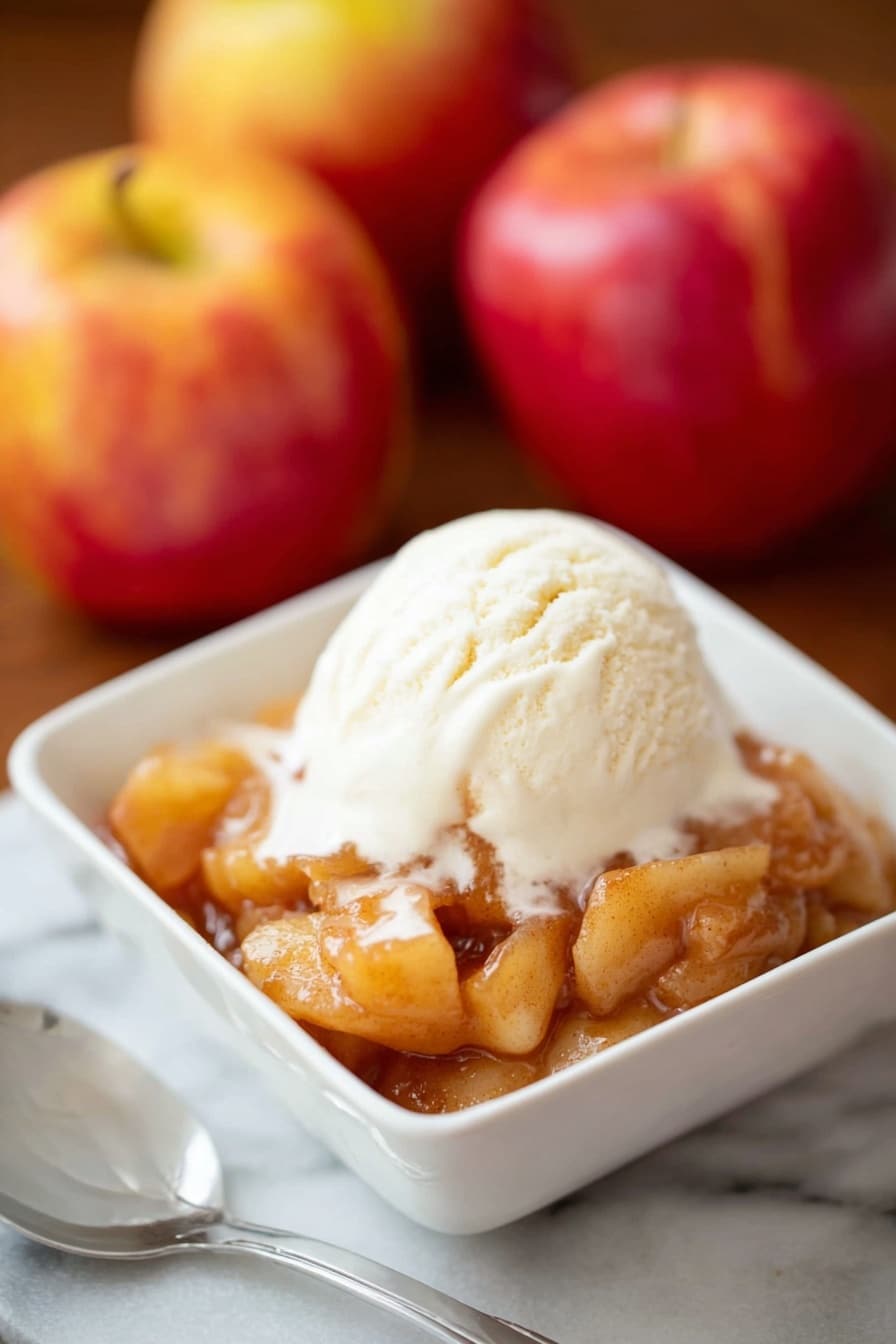 A white square bowl holds two layers: the bottom layer is chunky apple dessert with soft, shiny, light brown cooked apples, and the top layer is a round scoop of smooth, creamy vanilla ice cream that is melting slightly on the warm apples. The bowl sits on a white marbled surface with three red and yellow apples blurred in the background. A silver spoon is placed next to the bowl. Photo taken with an iphone --ar 2:3 --v 7 - Apple Brown Betty, apple dessert, fall dessert, easy apple crumble, cinnamon apple crisp