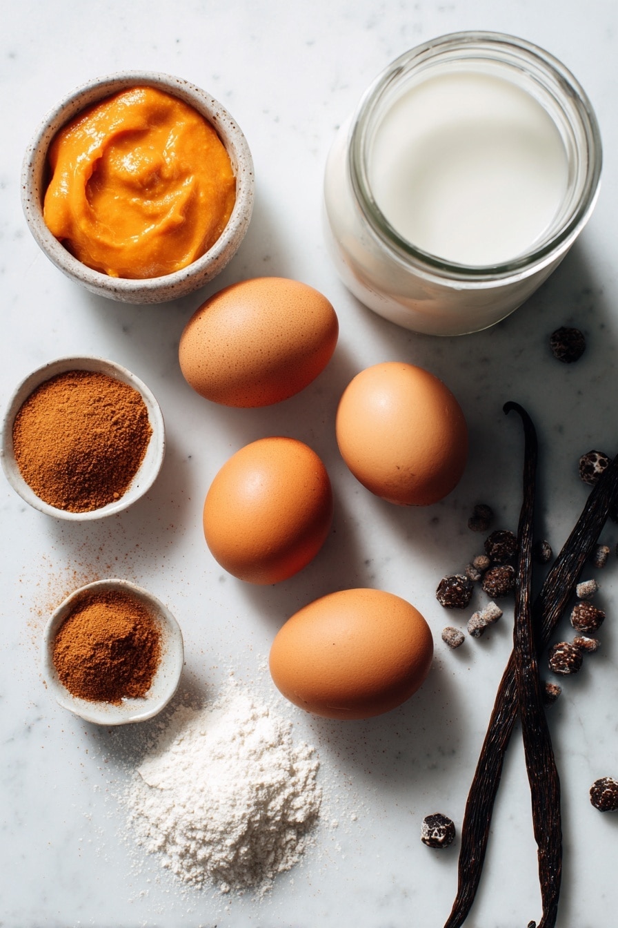 Flat lay of bright orange pumpkin puree dollops, glossy dark brown sugar crystals, smooth whole eggs with light brown shells, a small heap of warm cinnamon powder, a pinch of nutmeg in a tiny pile, a glass jar of creamy whole milk, and a vanilla bean pod arranged beautifully on a white marble surface, photo taken with an iphone --ar 2:3 --v 7 - Creamy Pumpkin Egg Custard, pumpkin custard dessert, fall pumpkin pudding, seasonal pumpkin custard, easy pumpkin custard recipe