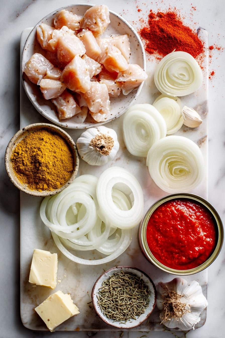Flat lay of boneless chicken breast cubes, a small mound of tandoori masala powder, fresh ginger root, garlic cloves, thick yogurt, golden ghee blocks, thinly sliced white onion rings, a can of crushed tomatoes spilling some vibrant red sauce, and dried fenugreek leaves sprinkled delicately, all beautifully arranged on a white marble surface, photo taken with an iphone --ar 2:3 --v 7 - Finger Lickin' Butter Chicken Murgh Makhani, Indian butter chicken recipe, creamy chicken curry, authentic Indian chicken recipes, easy dinner ideas
