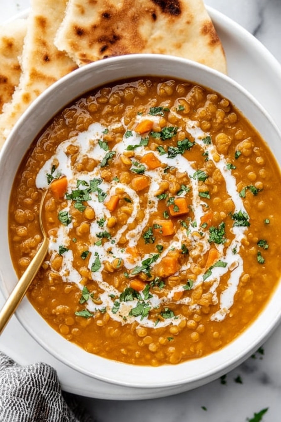 A white bowl filled with thick, orange-brown lentil soup topped with swirls of white cream and chopped green herbs scattered over the surface. There are visible pieces of orange carrot and lentils in the soup, creating a textured, hearty look. A gold spoon is placed inside the bowl on the left side, and two pieces of flatbread rest behind the bowl on a white plate, all set on a white marbled surface. photo taken with an iphone --ar 2:3 --v 7 - Vegan Curried Pumpkin Lentil Soup, vegan pumpkin lentil soup, hearty vegan soup, healthy pumpkin soup, simple vegan lentil recipes