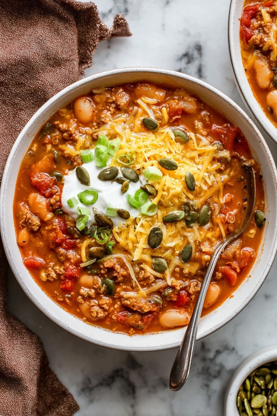 The image shows a white bowl filled with thick chili soup made of orange and red tomato pieces, white beans, and ground meat chunks in a rich, red-orange sauce. On the top, there is a creamy white layer of sour cream, sprinkled with shredded yellow cheese, bright green sliced scallions, and dark green pumpkin seeds scattered across. A silver spoon is placed inside the bowl on the right side. The bowl sits on a white marbled surface with a brown cloth napkin in the lower-left corner and a small white bowl with green pumpkin seeds in the bottom right corner. Photo taken with an iphone --ar 2:3 --v 7 - Turkey Pumpkin Chili, healthy turkey chili, pumpkin chili recipe, hearty fall chili, easy pumpkin chili