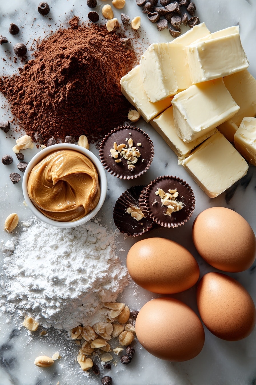 Flat lay of rich unsweetened cocoa powder, smooth peanut butter spread in a small dollop, glossy semi-sweet chocolate chips, halved miniature Reece’s Peanut Butter Cups showing their creamy centers, finely chopped salted peanuts scattered lightly, softened unsalted butter blocks, fluffy white powdered sugar dusted gently around, and whole large brown eggs, all beautifully arranged with natural shadows, placed on a white marble surface, photo taken with an iphone --ar 2:3 --v 7 - Chocolate Peanut Butter Cake for a Crowd, large party chocolate peanut butter dessert, easy crowd-pleasing chocolate cake, decadent peanut butter chocolate cake, party dessert recipes