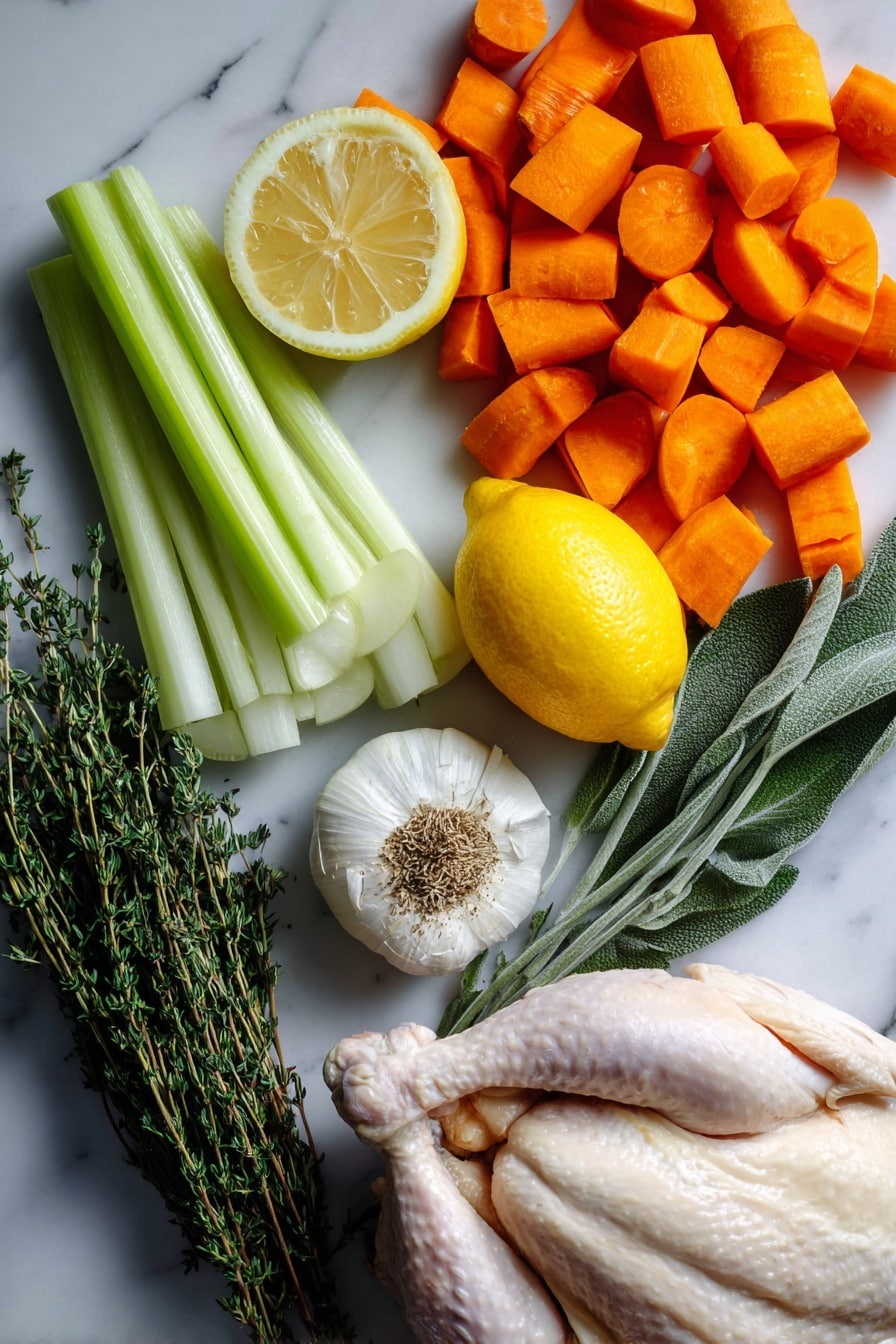 Flat lay of vibrant carrot chunks, crisp celery stalks, wedges of white onion, half a bright yellow lemon, a bulb of garlic with a few cloves separated, fresh sprigs of sage, thyme, and rosemary, and a small pile of dried marjoram, all beautifully arranged on a white marble surface, photo taken with an iphone --ar 2:3 --v 7 - Slow Roasted Herb-Infused Whole Chicken, herb roasted chicken, easy baked whole chicken, tender roast chicken, flavorful chicken recipe