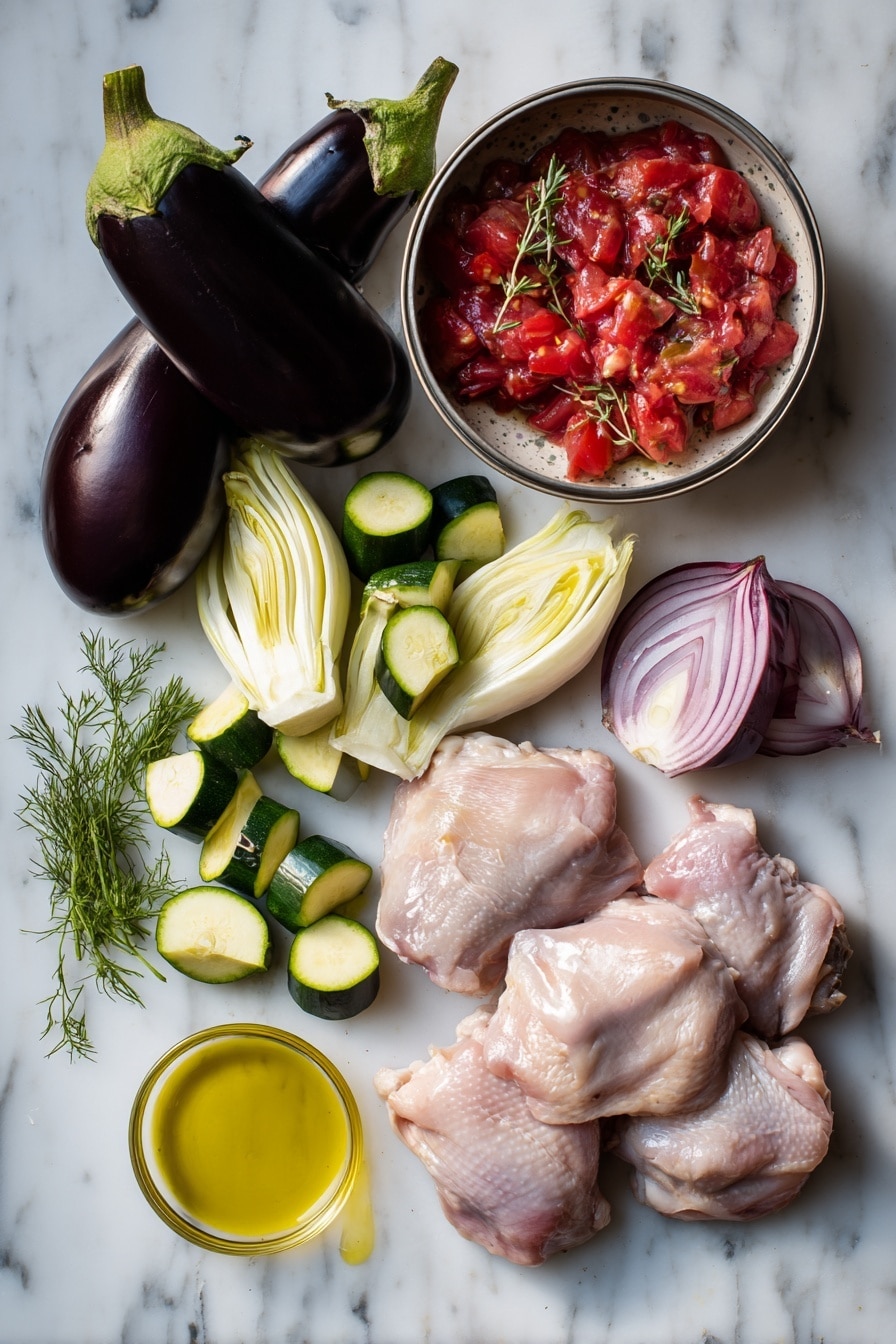 Flat lay of glossy aubergine chunks, vibrant green courgette pieces, pale fennel wedges with feathery fronds, sliced deep red onion rings, plump raw chicken thighs with skin on, two peeled garlic cloves, a glossy tin of rich chopped tomatoes with a few fresh oregano sprigs, and a small pool of golden olive oil artfully drizzled nearby, all arranged on a white marble surface, photo taken with an iphone --ar 2:3 --v 7 - Mediterranean Chicken Stew, Chicken Stew with Mediterranean Flavors, Healthy Chicken Stew Recipe, Easy Mediterranean Chicken Dish, Hearty Chicken Stew with Vegetables