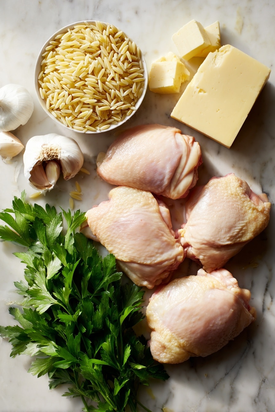 Flat lay of golden boneless chicken thighs, small uncooked orzo pasta, peeled garlic cloves, chunks of unsalted butter, fresh bright green parsley leaves, and shavings of creamy parmesan cheese, all beautifully arranged with rustic textures and warm natural light, placed on a white marble surface, photo taken with an iphone --ar 2:3 --v 7 - One Pot Garlic Butter Chicken and Orzo, garlic butter chicken skillet, easy one pot chicken and orzo, comforting chicken dinner, quick weeknight chicken