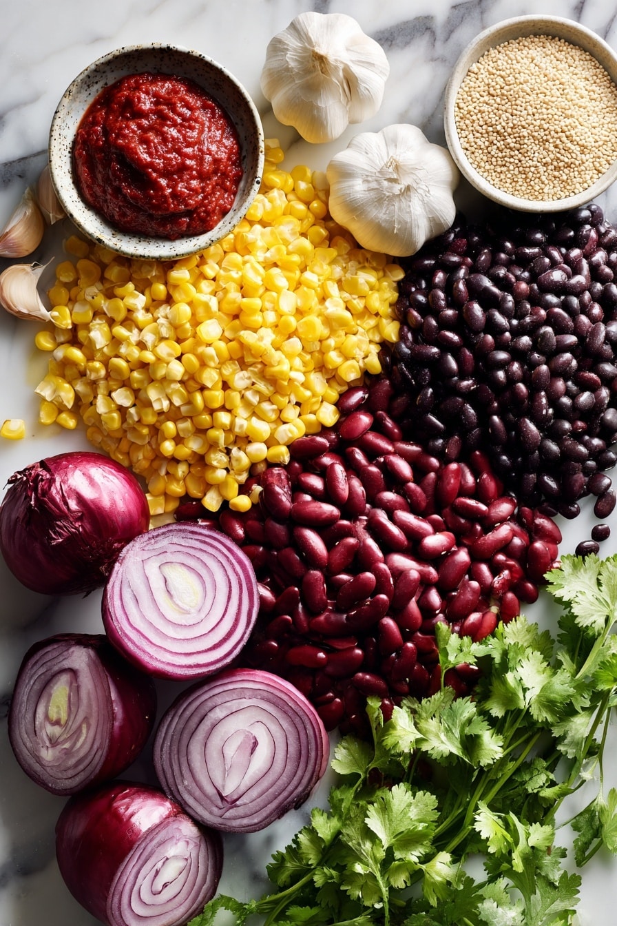 Flat lay of vibrant red onion halves, bright yellow corn kernels, shiny red kidney beans, deep black beans, fluffy dry quinoa grains, peeled garlic cloves, fresh green cilantro sprigs with leaves and stems, and a small dish of rich red tomato paste, all beautifully arranged on a white marble surface, photo taken with an iphone --ar 2:3 --v 7 - Slow Cooker Vegan Bean & Quinoa Chili, vegan chili, healthy vegan dinner, hearty plant-based chili, easy vegan slow cooker meal
