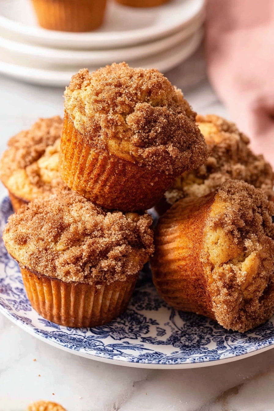 A group of crumb-topped muffins sits stacked on a white plate with blue patterns, showing uneven, golden-brown textured crumb layers on top that look crunchy and thick; the muffins themselves are a warm brown color with a slightly rough surface, and one muffin stands upright while others lean against each other, all resting on a white marbled surface with a blurred white plate and pink cloth nearby in the background. photo taken with an iphone --ar 2:3 --v 7 - Apple Cinnamon Muffins, Apple Cinnamon Muffins Recipe, Easy Apple Muffins, Fall Muffins, Moist Cinnamon Muffins