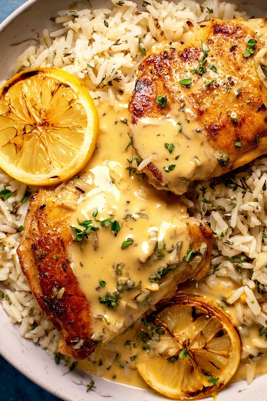 The image shows two golden brown cooked chicken pieces on top of a bed of mixed white and wild rice. One chicken piece is partially covered by a creamy light yellow sauce with small bits of onion and fresh green herbs scattered on top. Two lemon slices with slightly charred edges rest on the rice beside the chicken. The dish is placed on a white plate sitting on a white marbled surface. The texture of the rice is fluffy with some grains visible around the edges, and the chicken skin looks crispy with a slight shine. photo taken with an iphone --ar 2:3 --v 7 - Slow Cooker Creamy Lemon Herb Chicken, lemon herb chicken, slow cooker chicken recipes, creamy chicken dinner, easy lemon chicken