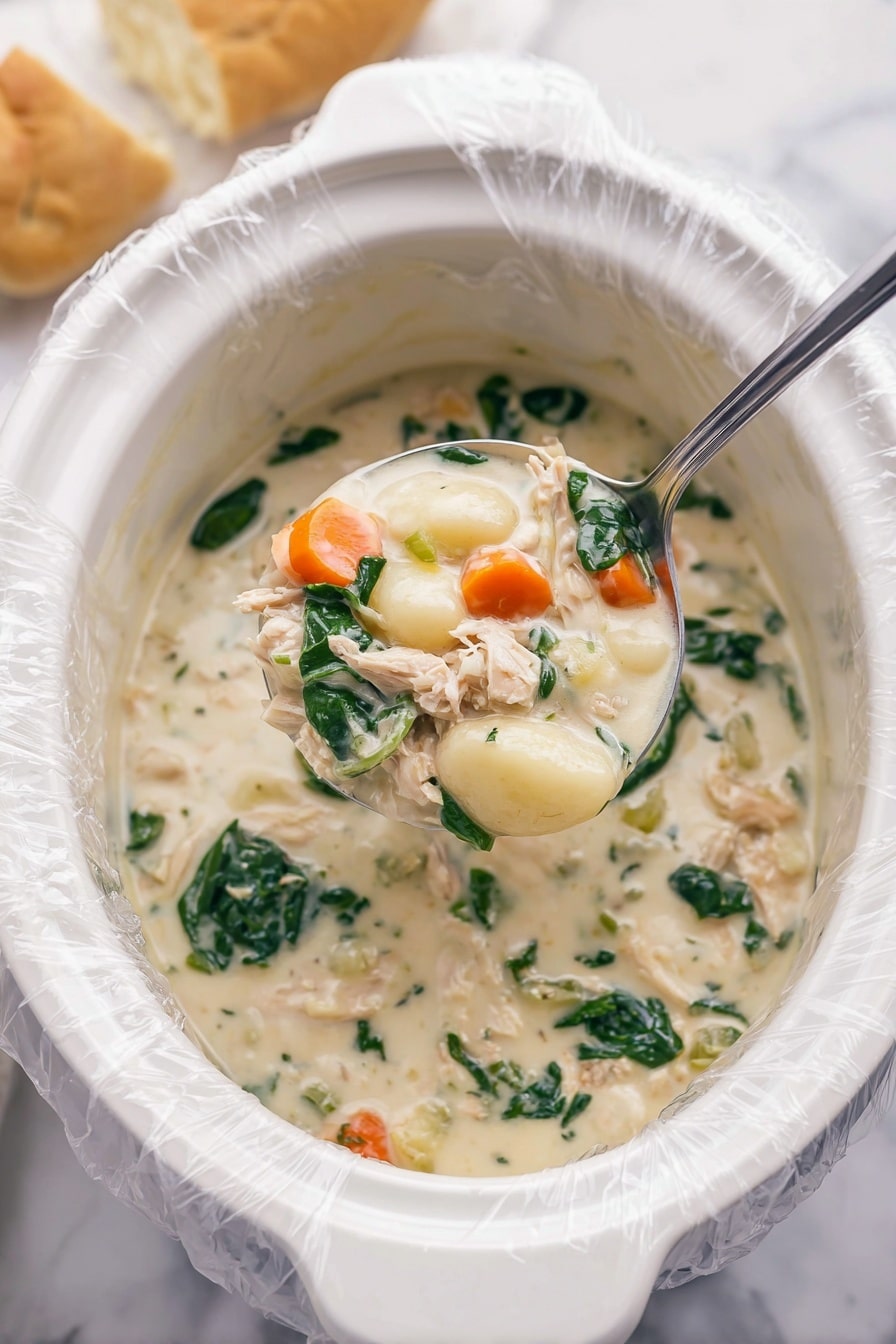 A white slow cooker bowl lined with a clear plastic liner holds a creamy soup filled with chunks of white beans, orange carrot pieces, green leafy vegetables, and shredded white meat, all in a thick white creamy broth. A metal spoon scoops some soup from the bowl, showing a mix of ingredients clearly with soft textures and mild colors. To the side, slices of golden brown bread rest on a white marbled surface along with a blue and white striped cloth. A box of Reynolds Kitchens Slow Cooker Liners is partially visible near the top left corner. photo taken with an iphone --ar 2:3 --v 7 - Slow Cooker Chicken Gnocchi Soup, chicken gnocchi soup, comforting slow cooker soups, easy chicken soup recipes, creamy chicken gnocchi soup
