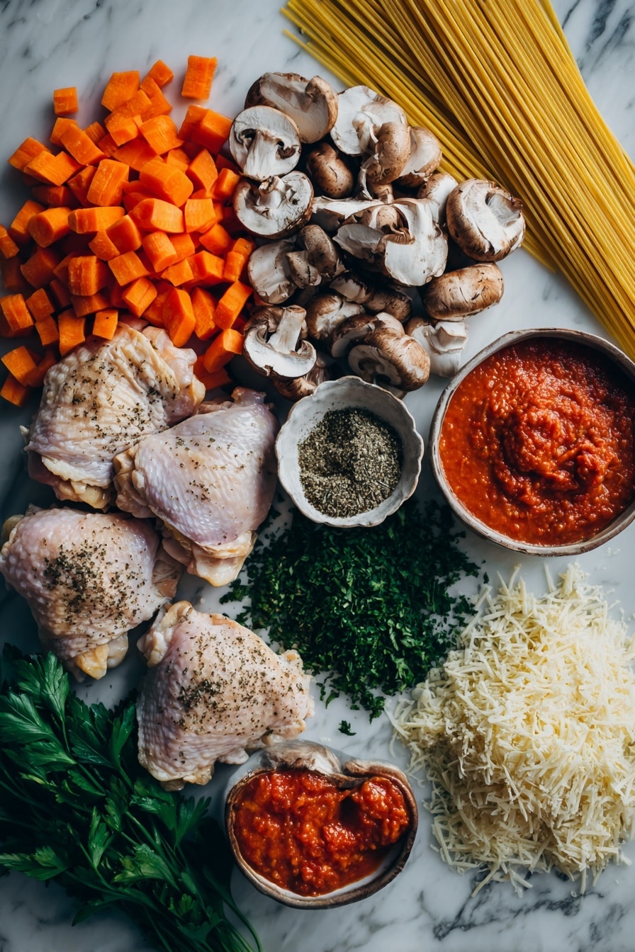 Flat lay of fresh chicken thighs with skin removed, bright orange diced carrot, quartered cremini mushrooms, a heap of chopped Italian parsley, a rich swirl of San Marzano crushed tomatoes, a spoonful of bright red tomato paste, sprigs of dried oregano and basil, and a small pile of shredded Parmesan cheese, all beautifully arranged on a white marble surface, photo taken with an iphone --ar 2:3 --v 7 - Slow Cooker Chicken Cacciatore with Mushrooms and Italian Herbs, Chicken Cacciatore, Italian slow cooker recipes, hearty chicken dinner, easy slow cooker chicken