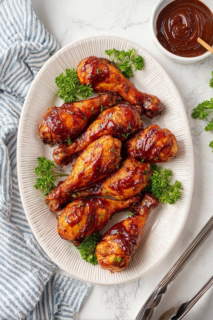 A white plate with raised ridges holds nine shiny, brown glazed chicken drumsticks arranged in three rows, each drumstick showing a sticky, glazed texture. Bright green parsley leaves are placed between the drumsticks for color contrast. To the right of the plate is a small white bowl filled with thick, dark reddish-brown dipping sauce, with some sauce swirls visible. The plate sits on a white marbled surface with a blue-and-white striped cloth in the lower left corner and two metal serving tongs on the right. photo taken with an iphone --ar 2:3 --v 7 - Incredible Slow Cooker Drumsticks, 4-Ingredient BBQ Chicken, easy slow cooker chicken, juicy BBQ drumsticks, simple slow cooker recipes