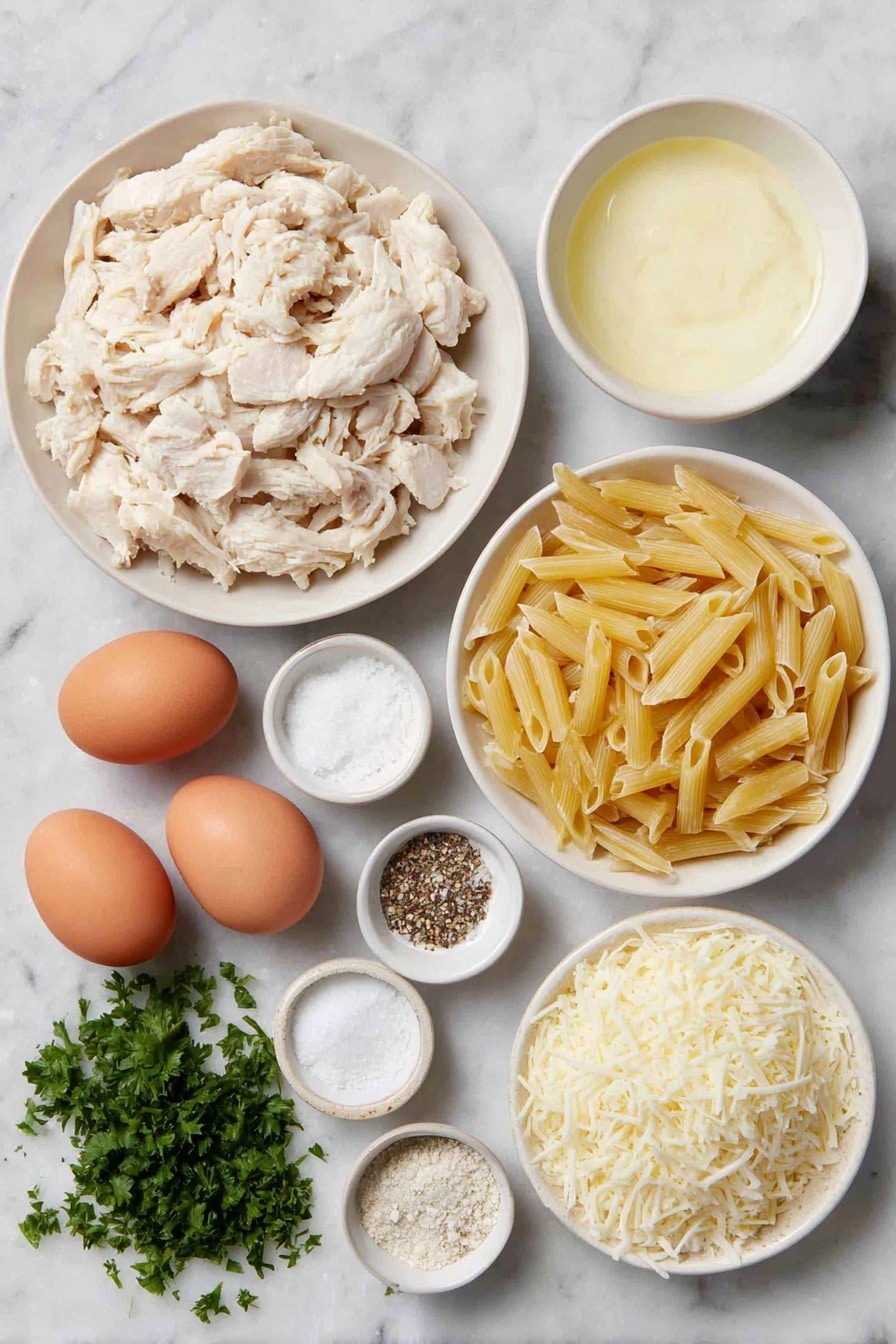 Flat lay of a few boneless skinless chicken breasts cooked and shredded, a small mound of uncooked penne pasta, a small white bowl filled with creamy Alfredo sauce, a small white bowl of water, a small white bowl with minced garlic, two whole brown eggs with clean shells, a small white bowl of salt, a small white bowl of cracked black pepper, a generous pile of shredded mozzarella cheese, a smaller pile of grated parmesan cheese, and a few fresh sprigs of chopped parsley, all arranged symmetrically in simple white ceramic bowls and plates, placed on a clean white marble surface, soft natural light, photo taken with an iPhone, professional food photography style, fresh ingredients, white ceramic bowls, no bottles, no duplicates, no utensils, no packaging --ar 2:3 --v 7 --p awthu7i m7354615311229779997 - Crock Pot Chicken Alfredo Casserole, creamy chicken pasta bake, slow cooker Alfredo dinner, cheesy chicken casserole, easy Crock Pot chicken recipe