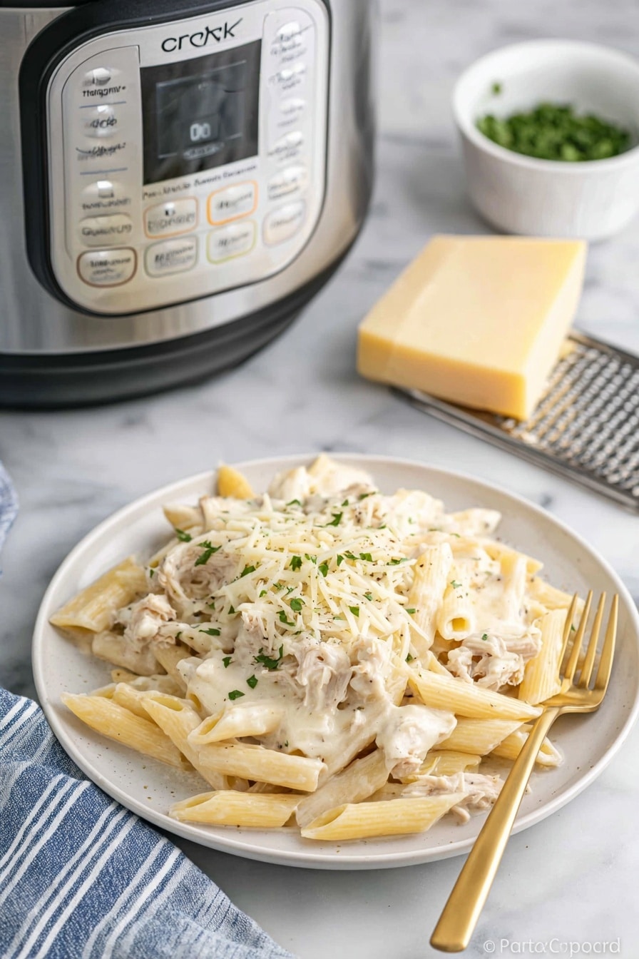 A white plate holds one layer of light beige cooked penne pasta, topped with a thick layer of creamy white sauce mixed with shredded white meat and some small black specks, likely black pepper. The top layer consists of melted pale yellow cheese sprinkled with small green herb leaves. The plate sits on a white marbled surface next to a gold fork. Behind the plate, there is a stainless steel slow cooker with a digital display, a small white bowl with green herbs, and a small metal grater holding a block of pale yellow cheese. A folded blue and white striped cloth is on the left side. Photo taken with an iphone --ar 2:3 --v 7 - Crock Pot Chicken Alfredo Casserole, creamy chicken pasta bake, slow cooker Alfredo dinner, cheesy chicken casserole, easy Crock Pot chicken recipe