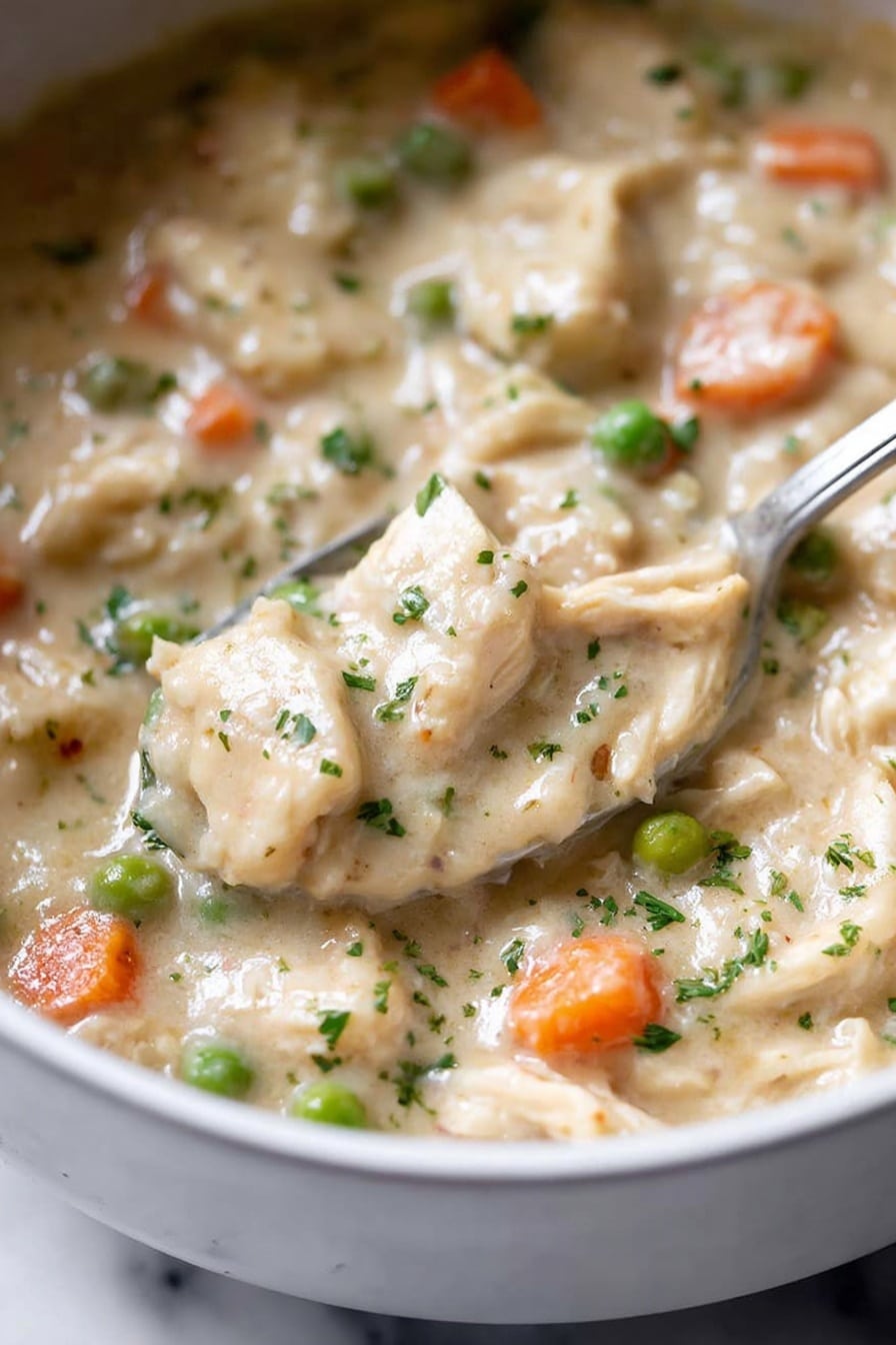This image shows a close-up view of a creamy chicken and vegetable stew in a white bowl on a white marbled surface. The dish has one main thick layer made of a creamy light beige sauce with tender small chunks of white chicken mixed into it. Scattered throughout the layer are bright orange carrot cubes and light green peas, adding bursts of color and texture. A shiny metal spoon is partially visible within the stew, lifting some of the stew to show the thick texture. Small bits of green parsley are sprinkled on top, giving the dish a fresh appearance. The lighting highlights the creamy and smooth sauce, making the dish look rich and warm. Photo taken with an iphone --ar 2:3 --v 7 - Crock Pot Chicken and Dumplings, easy crock pot chicken and dumplings, comfort food recipes, slow cooker chicken and dumplings, homemade chicken and dumplings