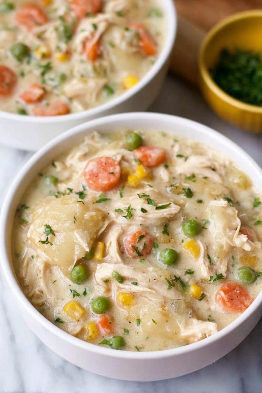 The image shows a white bowl filled with thick, creamy chicken and vegetable stew, placed on a white marbled surface. The dish has a base of pale creamy sauce with visible chunks of light shredded chicken, soft orange carrot pieces, bright green peas, yellow corn, and small bits of translucent onion, all mixed evenly. Small specks of green herbs are sprinkled on top for color and garnish. In the background, there is another white bowl with the same stew, slightly out of focus, and a blurred yellow bowl that appears to contain chopped green herbs. The photo taken with an iphone --ar 2:3 --v 7 - Crock Pot Chicken and Dumplings, easy crock pot chicken and dumplings, comfort food recipes, slow cooker chicken and dumplings, homemade chicken and dumplings