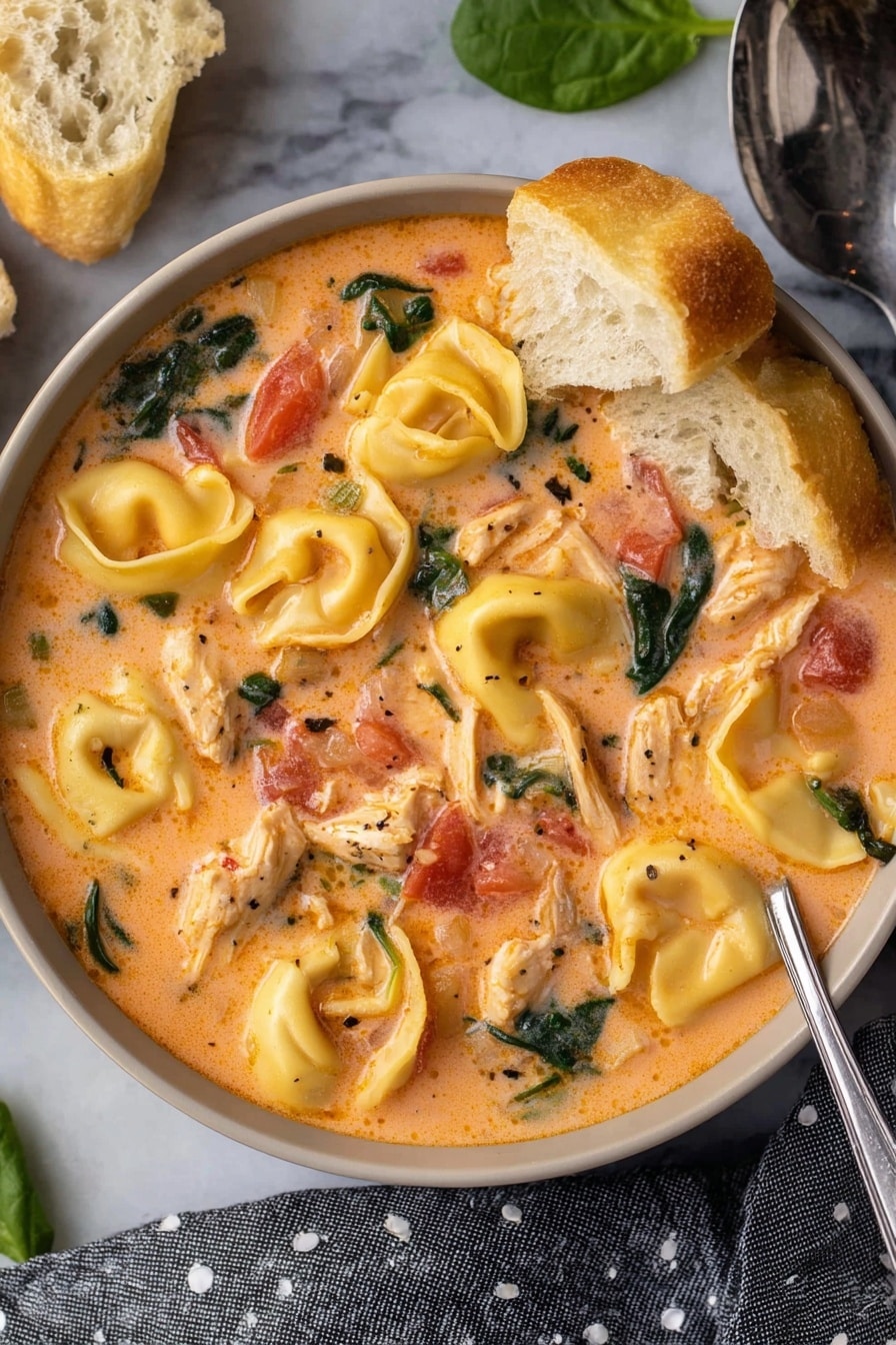 A bowl filled with creamy soup showing large, yellow tortellini pasta pieces floating in a light orange broth with bits of red tomatoes, shredded light brown chicken, and small green spinach leaves evenly mixed throughout. The bowl is held by two woman's hands above a white marbled surface with a gray cloth with white polka dots and torn pieces of crusty bread beside it. photo taken with an iphone --ar 2:3 --v 7 - Creamy Chicken Tortellini Soup, creamy chicken tortellini soup crock pot, easy chicken tortellini soup, comforting crock pot soup recipes, cheesy tortellini soup