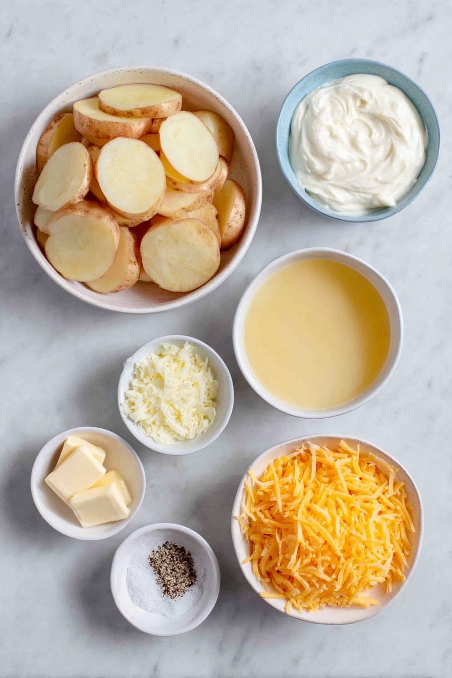 Flat lay of peeled russet potatoes sliced into thin rounds, a small white bowl of heavy whipping cream, a small white bowl with golden chicken broth, a small white bowl filled with minced fresh garlic, a small white bowl of shredded pale parmesan cheese, a small white bowl heaped with bright orange shredded cheddar cheese, a small white bowl each with coarse salt and freshly ground black pepper placed symmetrically, all arranged on a clean white marble surface, soft natural light, photo taken with an iPhone, professional food photography style, fresh ingredients, white ceramic bowls, no bottles, no duplicates, no utensils, no packaging --ar 2:3 --v 7 --p awthu7i m7354615311229779997 - Slow Cooker Scalloped Potatoes, cheesy potato side dish, creamy scalloped potatoes, easy slow cooker recipes, comfort food ideas