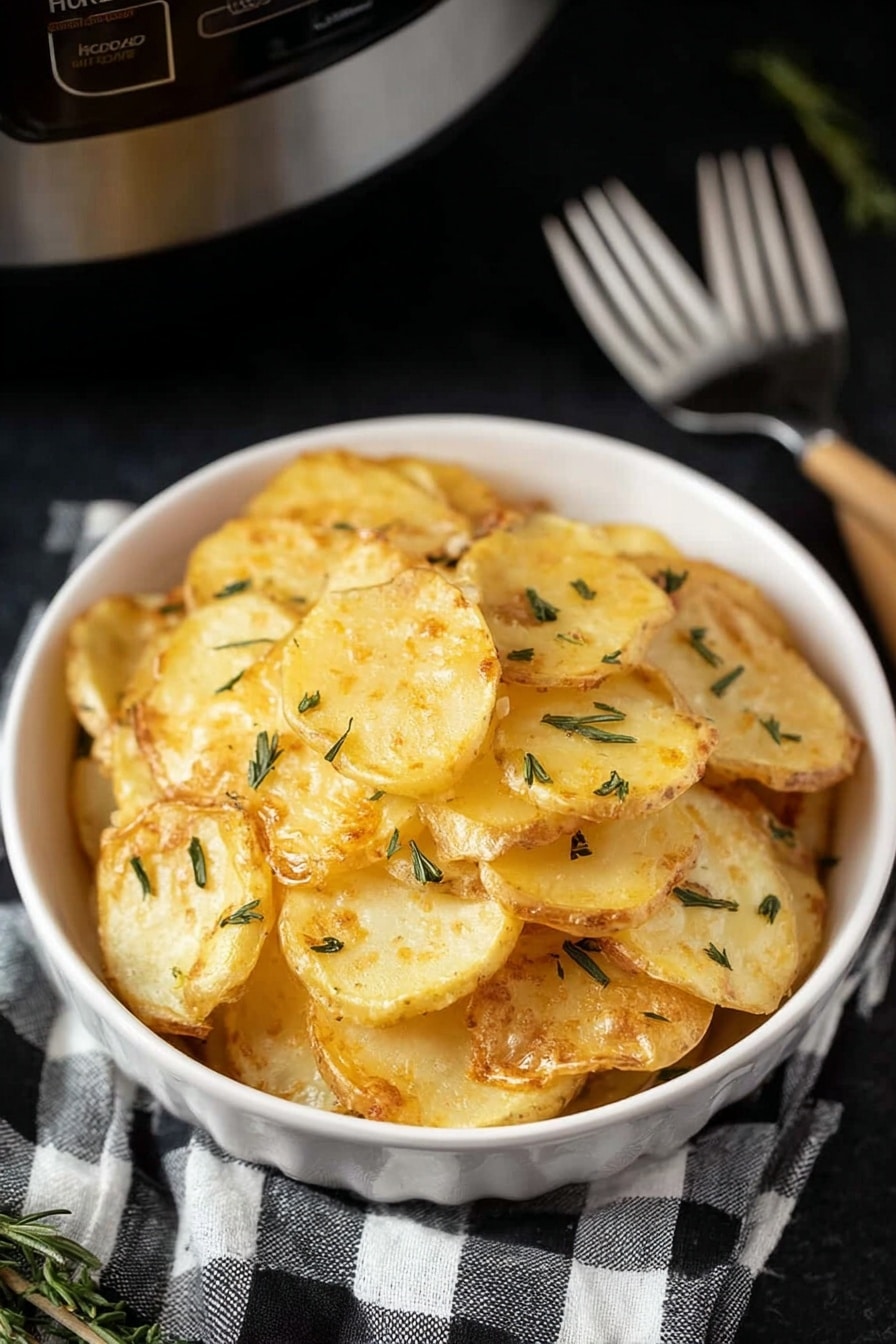A white bowl filled with a one-layer pile of golden brown potato slices, each slice showing a slight crisp edge and a soft, cooked center, sprinkled with small bits of green herbs. The bowl sits on a dark surface with a black-and-white checkered cloth and two silver forks placed beside it. The background includes part of a metallic slow cooker. The photo taken with an iphone --ar 2:3 --v 7 - Slow Cooker Scalloped Potatoes, cheesy potato side dish, creamy scalloped potatoes, easy slow cooker recipes, comfort food ideas