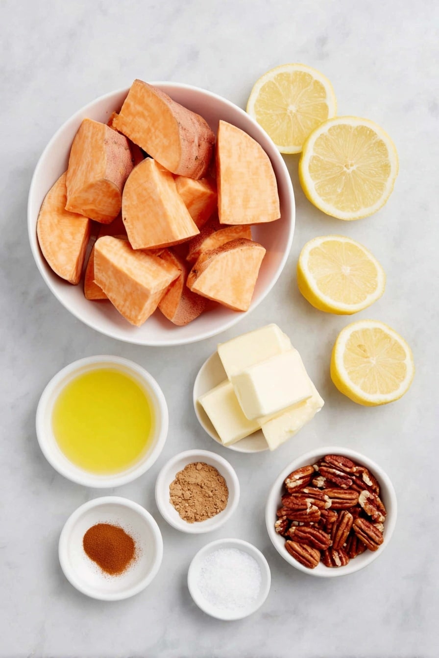 Flat lay of peeled sweet potato chunks, a small white bowl of water, a small white bowl of whole milk, four pieces of room temperature butter, a small white bowl of pure maple syrup, a few fresh lemon wedges with a small white bowl of lemon juice, a small white bowl of vanilla extract, a small white bowl of salt, a small white bowl of ground cinnamon, a small white bowl of ground nutmeg, a small white bowl of ground ginger, a small white bowl of toasted chopped pecans placed on a clean white marble surface, soft natural light, photo taken with an iPhone, professional food photography style, fresh ingredients, white ceramic bowls, no bottles, no duplicates, no utensils, no packaging --ar 2:3 --v 7 --p awthu7i m7354615311229779997 - Slow Cooker Sweet Potato Casserole with Maple Syrup and Toasted Pecans, sweet potato casserole, holiday side dish, easy slow cooker sweet potato recipe, cozy fall casserole