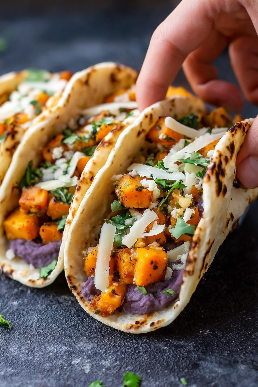 The image shows three small tacos placed closely side by side on a dark textured surface. Each taco has three layers: the bottom layer is a white corn tortilla with light brown spots from cooking, the middle layer is mashed purple beans spread evenly, the top layer consists of bright orange cubes of cooked squash mixed with small green cilantro leaves, and thin pale white strips of cheese scattered on top. A woman's hand is gently holding the front taco, lifting the tortilla slightly to reveal the filling inside. Photo taken with an iphone --ar 2:3 --v 7 - Black Bean Sweet Potato Tacos, healthy vegetarian tacos, easy weeknight dinner ideas, gluten-free taco recipes, flavorful plant-based tacos