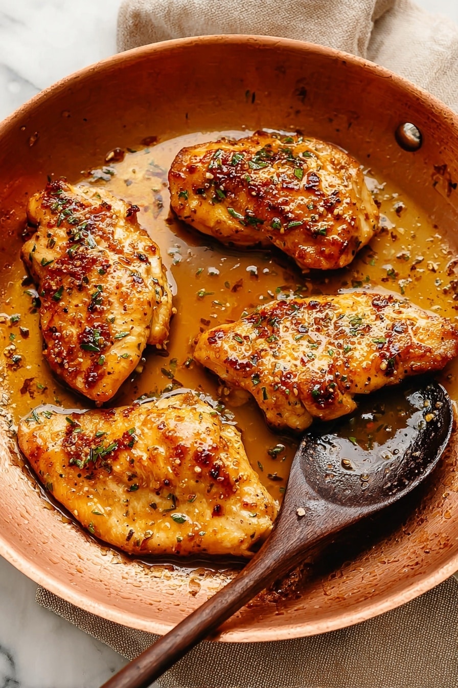 Four pieces of golden brown cooked chicken sit in a shallow white pan with shiny sauce glistening on and around them. The chicken is seasoned with small green herbs and red spices, and a dark wooden spoon rests inside the pan. The pan is placed on a light brown cloth with a textured white marbled surface underneath. photo taken with an iphone --ar 2:3 --v 7 - Maple Mustard Glazed Chicken, easy chicken dinner recipes, quick skillet chicken, healthy chicken recipes, sweet and tangy chicken dishes
