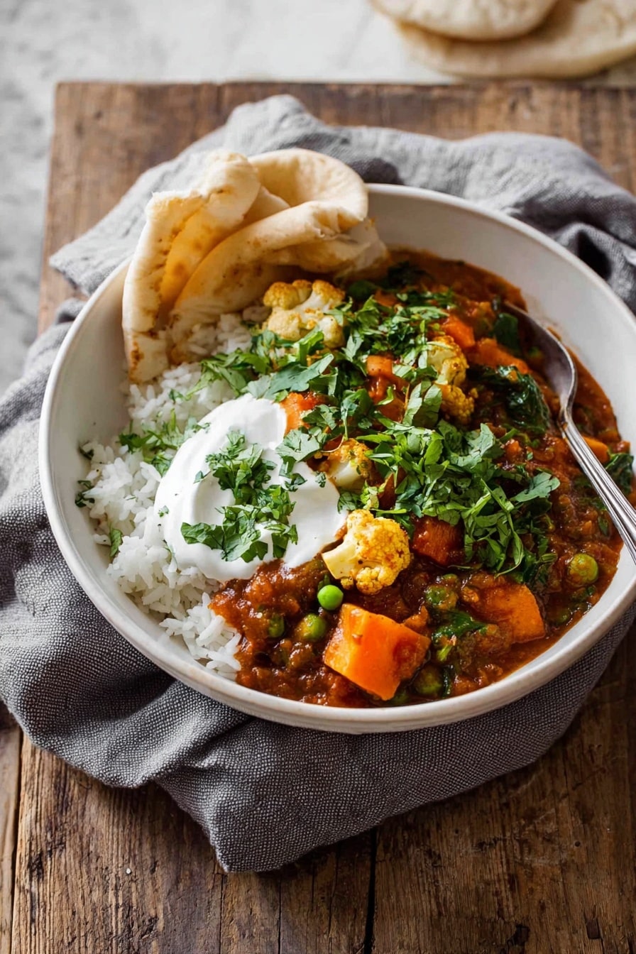 A white bowl sits on a gray cloth over a wooden table with a white marbled background. Inside the bowl, the bottom layer is plain steamed white rice. On top of the rice, there is a thick vegetable curry with visible chunks of orange sweet potatoes, cauliflower florets, green peas, and wilted spinach mixed in a rich brownish-red sauce. A dollop of white yogurt is placed on one side of the curry, and fresh green chopped herbs are sprinkled over the dish. Two folded pieces of white flatbread are tucked into the side of the bowl, leaning against the curry. A spoon rests inside the bowl, positioned towards the back. Photo taken with an iphone --ar 2:3 --v 7 - Vegetable Curry, easy vegetable curry, hearty vegetable curry recipe, vegan curry bowl, cozy Indian vegetable curry