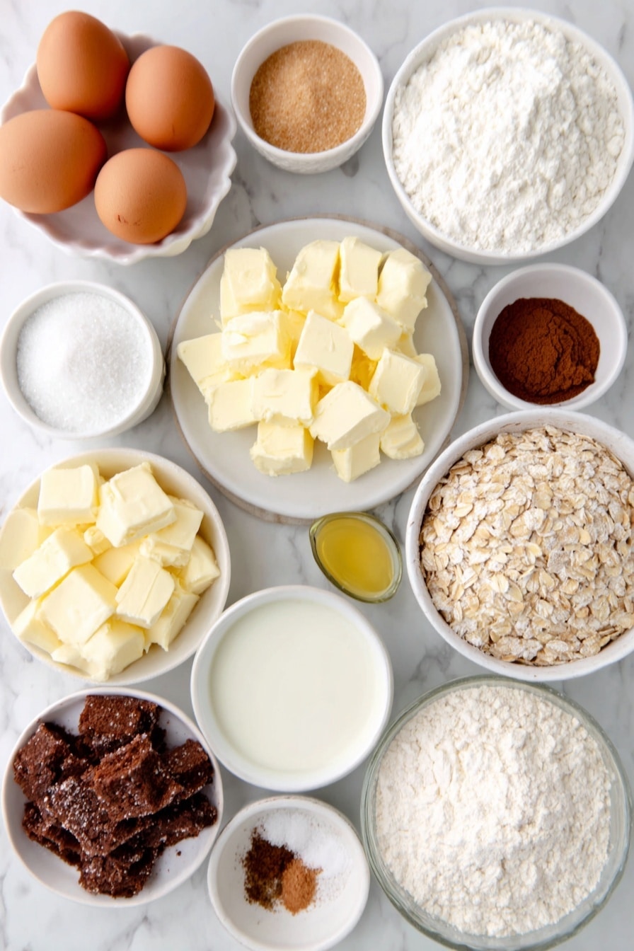 Flat lay of peeled and diced fresh apples in a simple white ceramic bowl, a few whole brown eggs with clean shells, small white ceramic bowls containing light brown sugar, granulated sugar, and powdered sugar, chunks of cold salted butter and slices of softened salted butter arranged on a white ceramic plate, a small white bowl of warm milk, a small white bowl with golden melted butter, a small white bowl filled with cinnamon powder, small white bowls each with nutmeg, ground cloves, and allspice powders, a few sprigs of fresh vanilla bean pods, a small white bowl of corn starch powder, a small white bowl of water, a small white bowl with heavy cream, a small white ceramic bowl filled with old-fashioned whole rolled oats, a small white bowl with lemon juice, and a small white bowl of apple cider — all arranged with perfect symmetry and realistic proportions, fresh and natural, placed on a clean white marble surface, soft natural light, photo taken with an iPhone, professional food photography style, fresh ingredients, white ceramic bowls, no bottles, no duplicates, no utensils, no packaging --ar 2:3 --v 7 --p awthu7i m7354615311229779997 - Apple Pie Cinnamon Rolls, apple cider caramel sauce, easy cinnamon roll recipe, brunch breakfast ideas, holiday dessert recipes