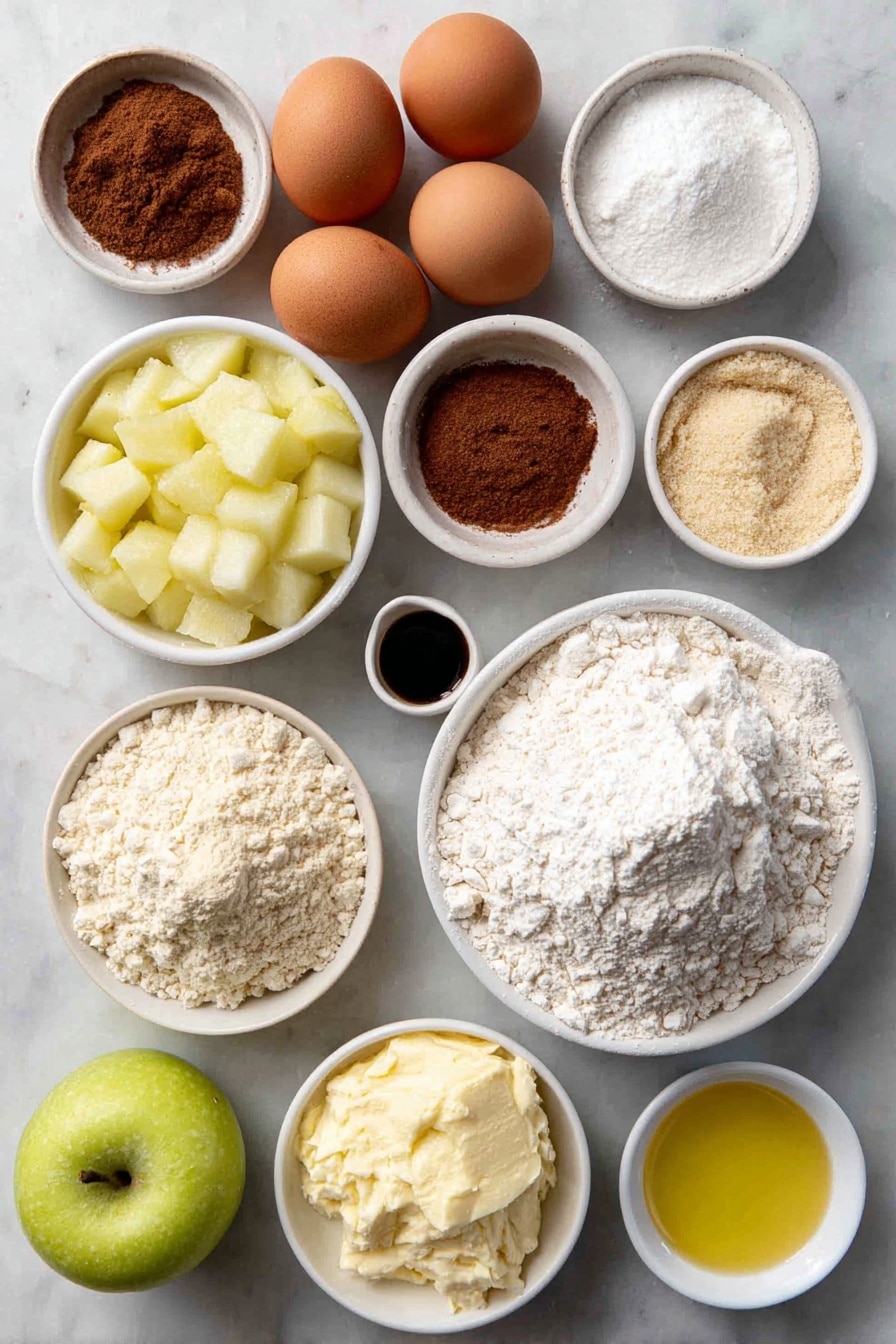 Flat lay of a small mound of all-purpose flour, a small mound of whole wheat flour, a small mound of almond flour, a small pile of light brown sugar, a small bowl of cinnamon powder, a small bowl of apple pie spice, two whole large brown eggs with clean shells, a few peeled and diced fresh apple cubes, a small bowl of creamy coconut oil, a small bowl of rich avocado oil, a small bowl of unsweetened almond milk, a small bowl of unsweetened applesauce, a small bowl of fine powdered sugar, a small bowl of golden cane sugar, a small bowl of vanilla extract, a small bowl of sea salt, and a small bowl of baking powder — all ingredients fresh and natural, each in simple white ceramic bowls or directly arranged, perfectly symmetrical and balanced, placed on a clean white marble surface, soft natural light, photo taken with an iPhone, professional food photography style, fresh ingredients, white ceramic bowls, no bottles, no duplicates, no utensils, no packaging --ar 2:3 --v 7 --p awthu7i m7354615311229779997 - Cinnamon Apple Muffins with Crumble Topping and Glaze, fall breakfast muffins, spiced apple muffins, easy apple muffins recipe, cozy morning muffins