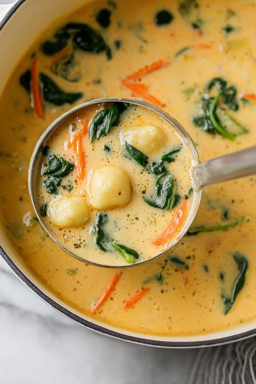 A creamy soup fills a white pot, shown up close with a metal ladle holding a scoop. The soup has a light orange color with visible soft yellow dumplings, shredded bright orange carrots, and fresh dark green spinach leaves scattered throughout. The texture looks smooth and thick, with small bubbles on the surface. The white marbled surface beneath adds a clean and fresh feel. photo taken with an iphone --ar 2:3 --v 7 - Cheesy Gnocchi Soup, easy cheesy gnocchi soup, cheesy gnocchi recipe, creamy gnocchi soup, comforting soup recipes