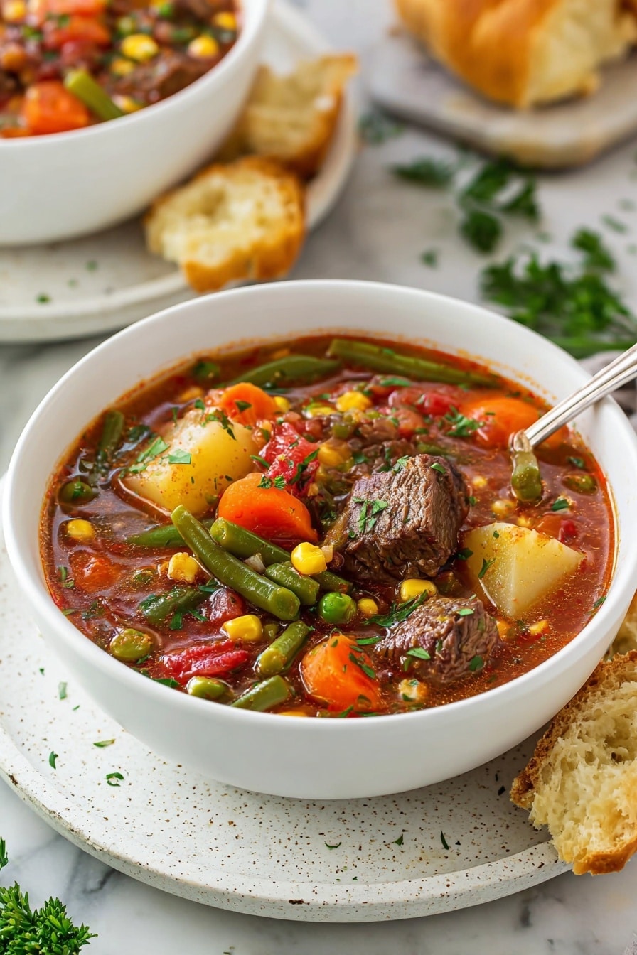The image shows a white bowl filled with a colorful beef and vegetable stew placed on a white speckled plate, all set on a white marbled surface. The stew contains visible layers of dark brown beef chunks, bright orange carrot slices, pale yellow potato cubes with red skin edges, green beans, green peas, yellow corn kernels, and red tomato pieces, all in a reddish-brown broth. The stew is topped with small green herb bits scattered over the surface. Around the bowl are pieces of torn bread with a golden crust. In the background, there is another white bowl of the same stew, slightly out of focus, and some green parsley sprigs appear on the white marbled surface next to the bowl. Photo taken with an iphone --ar 2:3 --v 7 - Vegetable Beef Soup, hearty vegetable beef soup, homemade beef soup, nutritious vegetable beef stew, easy vegetable beef soup recipe