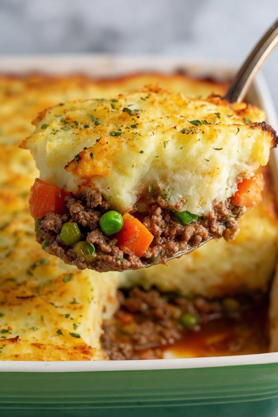 This image shows a white rectangular baking dish filled with shepherd's pie. The top layer is golden brown mashed potatoes with baked slightly crispy, uneven spots and small green herbs sprinkled on top. One corner of the dish is missing potatoes, revealing a rich brown meat layer underneath with pieces of ground meat, small orange carrots, and green peas in a thick sauce. A silver spoon rests inside the dish, scooping some meat and vegetables. The dish sits on a white marbled surface photo taken with an iphone --ar 2:3 --v 7 - Classic Shepherd's Pie with Lamb or Beef, hearty shepherd's pie recipe, comforting meat and mashed potato casserole, rich gravy shepherd's pie, traditional shepherd's pie