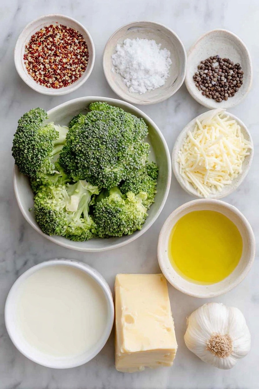 Flat lay of a small mound of rinsed tri-color quinoa grains, fresh bright green broccoli florets with some cut in half showing texture, a small white ceramic bowl of golden olive oil, a handful of coarse sea salt crystals scattered neatly, a small white ceramic bowl filled with freshly ground black peppercorns, a small white ceramic bowl holding vibrant red pepper flakes, freshly grated pale orange cheddar cheese loosely piled, a small white ceramic bowl of creamy low-fat milk, a small white ceramic bowl with a pat of smooth butter, one whole clove of fresh garlic, and a slice of rustic whole wheat bread arranged in perfect symmetry, placed on a clean white marble surface, soft natural light, photo taken with an iPhone, professional food photography style, fresh ingredients, white ceramic bowls, no bottles, no duplicates, no utensils, no packaging --ar 2:3 --v 7 --p awthu7i m7354615311229779997 - Better Broccoli Casserole, healthy broccoli casserole, cheesy quinoa broccoli bake, roasted broccoli side dish, easy veggie casserole
