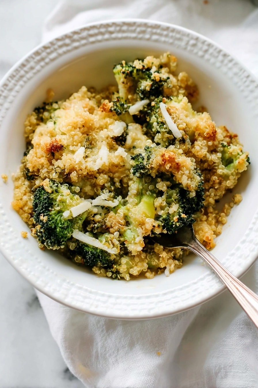 A white bowl holds a serving of broccoli quinoa casserole with three visible layers: at the bottom is a soft, light green layer of small broccoli florets, followed by a layer of fluffy beige quinoa mixed with broccoli, and topped with a golden-brown crumbly layer mixed with melted cheese and crispy bits. A silver fork pierces into the top layer, lifting a piece of broccoli covered with the crunchy topping. In the background, a white casserole dish with more broccoli quinoa bake is partially visible on a white marbled surface with some crumbs scattered around. Photo taken with an iphone --ar 2:3 --v 7 - Better Broccoli Casserole, healthy broccoli casserole, cheesy quinoa broccoli bake, roasted broccoli side dish, easy veggie casserole
