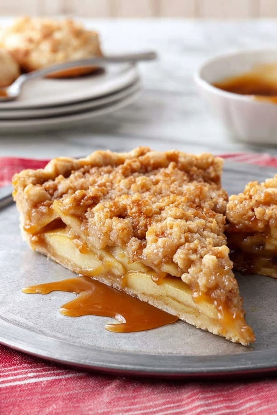 A single slice of apple crumble pie sits on a round silver tray with the rest of the pie still in the background. The pie has three visible layers: a bottom golden-brown crust that looks firm and slightly crunchy, a middle layer filled with soft, cooked apple slices that are pale yellow and tender, and a top layer of crumbly streusel that is light brown and uneven in texture. A shiny caramel sauce is drizzled on top, pooling slightly on the tray around the slice. In the background, there is a white bowl with a spoon containing more caramel sauce and a white plate with some pastries. The scene is set on a white marbled surface with a red and white striped cloth to the side. Photo taken with an iphone --ar 2:3 --v 7 - Apple Pizza with Cinnamon Apples, Cream Cheese Topping, Streusel, apple dessert pizza, easy sweet pizza