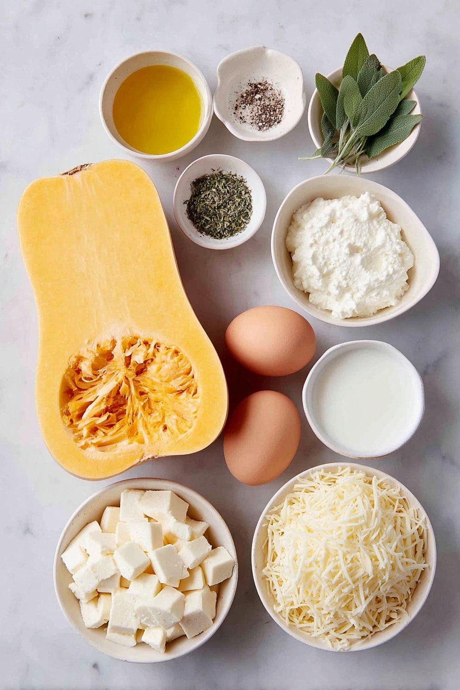 Flat lay of a large peeled butternut squash cut into half-inch cubes, a small white ceramic bowl of olive oil, a small white ceramic bowl with dried sage, a small white ceramic bowl with dried thyme, a small white ceramic bowl of salt, a small white ceramic bowl of black pepper, a small white ceramic bowl of milk, a small white ceramic bowl filled with ricotta cheese, a small white ceramic bowl of grated mozzarella cheese, one whole uncracked brown egg, two whole garlic cloves, a few sprigs of fresh chopped basil arranged loosely, a stack of uncooked lasagna sheets fanned out neatly, placed on a clean white marble surface, soft natural light, photo taken with an iPhone, professional food photography style, fresh ingredients, white ceramic bowls, no bottles, no duplicates, no utensils, no packaging --ar 2:3 --v 7 --p awthu7i m7354615311229779997 - Butternut Squash Lasagna, butternut squash lasagna recipe, fall vegetarian lasagna, creamy healthy lasagna, cozy seasonal lasagna