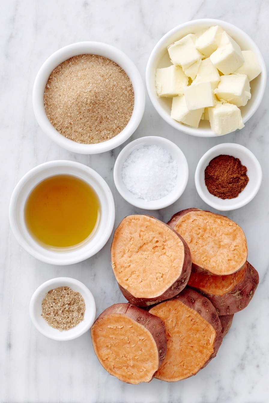 Flat lay of peeled sweet potatoes cut into thick rounds, a small white bowl of light brown sugar, a small white bowl with melted golden butter, a small white bowl of amber maple syrup, a small white bowl of coarse kosher salt, a small white bowl with ground cinnamon powder, a small white bowl of ground ginger, a small white bowl with a pinch of fine nutmeg powder, a small white bowl containing clear bourbon liquid, all arranged in perfect symmetry on a clean white marble surface, soft natural light, photo taken with an iPhone, professional food photography style, fresh ingredients, white ceramic bowls, no bottles, no duplicates, no utensils, no packaging --ar 2:3 --v 7 --p awthu7i m7354615311229779997 - Candied Sweet Potatoes with Bourbon Glaze, sweet potato side dish, bourbon glazed sweet potatoes, caramelized sweet potato recipe, festive holiday sweet potatoes
