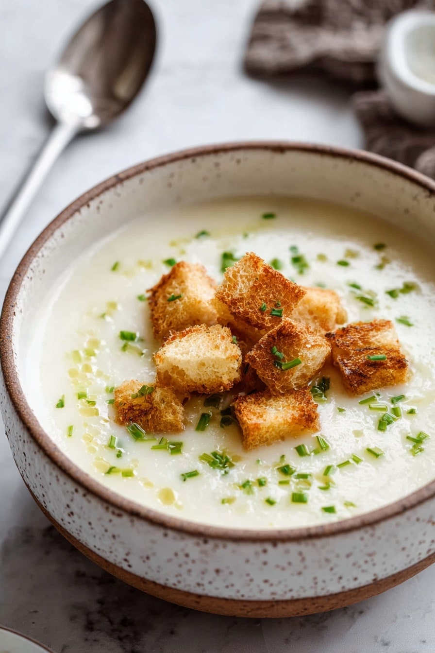 A small white oval bowl filled with creamy, pale yellow soup forms the base layer, topped with scattered small green chopped chives that add texture and color. Bright yellow drops of olive oil are delicately drizzled across the surface, along with a light sprinkle of fine black pepper, creating a speckled effect. The bowl sits on a white marbled surface, and partial views of similar bowls surround it, emphasizing the cozy and fresh presentation. Photo taken with an iphone --ar 2:3 --v 7 - Creamy Roasted Garlic Potato Soup, roasted garlic potato soup, easy comfort soup, creamy potato soup recipe, hearty garlic potato soup