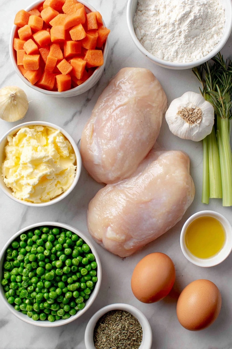 Flat lay of bone-in skinless chicken breasts with pale pink flesh and smooth skin, a small yellow onion whole and unpeeled, three whole garlic cloves unbroken, two bright green celery stalks, a handful of fresh diced orange carrots, a small mound of vibrant green frozen peas, a small white bowl filled with golden olive oil, a small white bowl with pale yellow melted butter, a small white bowl holding off-white half and half cream, a small white bowl with fine white cake flour, a small white bowl with light brown granulated sugar, two whole brown eggs with clean uncracked shells, a small white bowl containing a mixture of dried herbs including basil, parsley, thyme, rosemary, and a small white bowl of chicken broth with a rich amber tone, arranged symmetrically on a clean white marble surface, soft natural light, photo taken with an iPhone, professional food photography style, fresh ingredients, white ceramic bowls, no bottles, no duplicates, no utensils, no packaging --ar 2:3 --v 7 --p awthu7i m7354615311229779997 - Homestyle Chicken and Dumplings, comfort food recipes, easy chicken and dumplings, homemade chicken and dumplings, classic chicken and dumplings