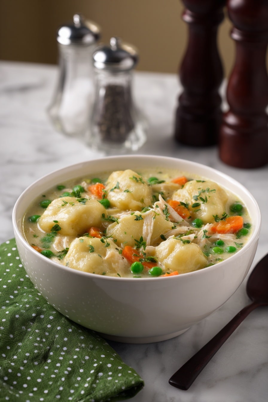 A close-up view of a white pot filled with a creamy stew, showing many light beige dumplings floating on top. Below the dumplings, small pieces of orange carrot, light green celery, and shredded light beige chicken are visible in the thick, pale sauce. Tiny green herb flecks are sprinkled across the dumplings and stew. A silver ladle is partially submerged in the pot, with a blue spoon inside the pot scooping some stew. The pot is placed on a white marbled surface with a green cloth nearby. photo taken with an iphone --ar 2:3 --v 7 - Homestyle Chicken and Dumplings, comfort food recipes, easy chicken and dumplings, homemade chicken and dumplings, classic chicken and dumplings