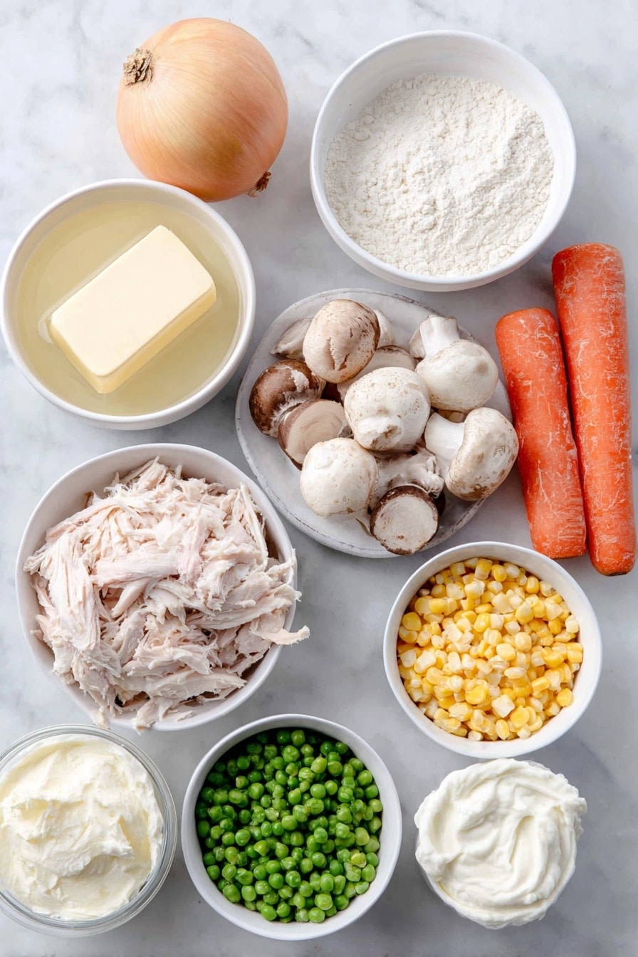 Flat lay of unsalted butter in a simple white ceramic bowl, a medium whole yellow onion with its smooth skin, two medium fresh carrots whole, two celery stalks with leafy tops, white and brown mushrooms sliced in a white bowl, three whole uncracked garlic cloves, a small white bowl filled with all-purpose flour, a small white bowl with clear chicken stock, Yukon gold potatoes peeled and sliced into thin rounds, shredded cooked chicken neatly piled, a small white bowl of bright green frozen peas, a small white bowl of yellow corn kernels, a small white bowl with creamy whipping cream, and a small pile of fresh green parsley leaves placed on a clean white marble surface, soft natural light, photo taken with an iPhone, professional food photography style, fresh ingredients, white ceramic bowls, no bottles, no duplicates, no utensils, no packaging --ar 2:3 --v 7 --p awthu7i m7354615311229779997 - Creamy Chicken Pot Pie Soup, hearty chicken soup, comforting chicken stew, easy chicken soup recipe, quick dinner ideas