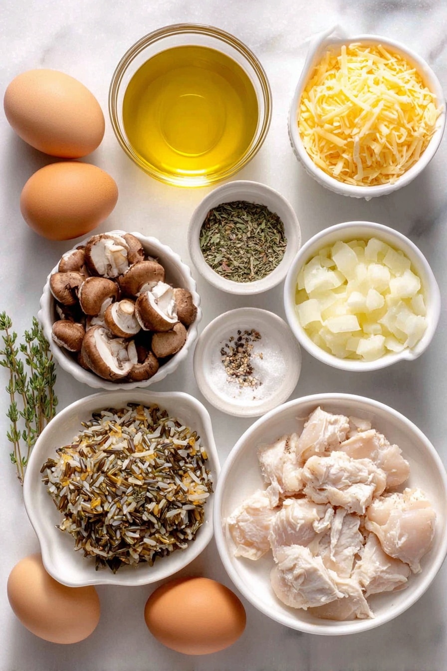 Flat lay of raw wild rice mixture in a small white ceramic bowl, a small diced yellow onion in a white bowl, sliced brown cremini mushrooms arranged beside it, cubed raw boneless skinless chicken breasts neatly placed on a white plate, a small white bowl of golden olive oil, dried basil and dried thyme leaves sprinkled artfully on the surface, a few whole uncracked brown eggs with clean shells, a small white bowl holding creamy condensed mushroom soup, a small white bowl of smooth sour cream, a small white bowl of clear chicken broth, a small pile of shredded sharp cheddar cheese on a white plate, salt and black pepper flakes delicately scattered for visual balance placed on a clean white marble surface, soft natural light, photo taken with an iPhone, professional food photography style, fresh ingredients, white ceramic bowls, no bottles, no duplicates, no utensils, no packaging --ar 2:3 --v 7 --p awthu7i m7354615311229779997 - Creamy Chicken Wild Rice Casserole, hearty chicken rice casserole, easy wild rice casserole, comforting chicken and rice bake, creamy chicken and mushroom casserole