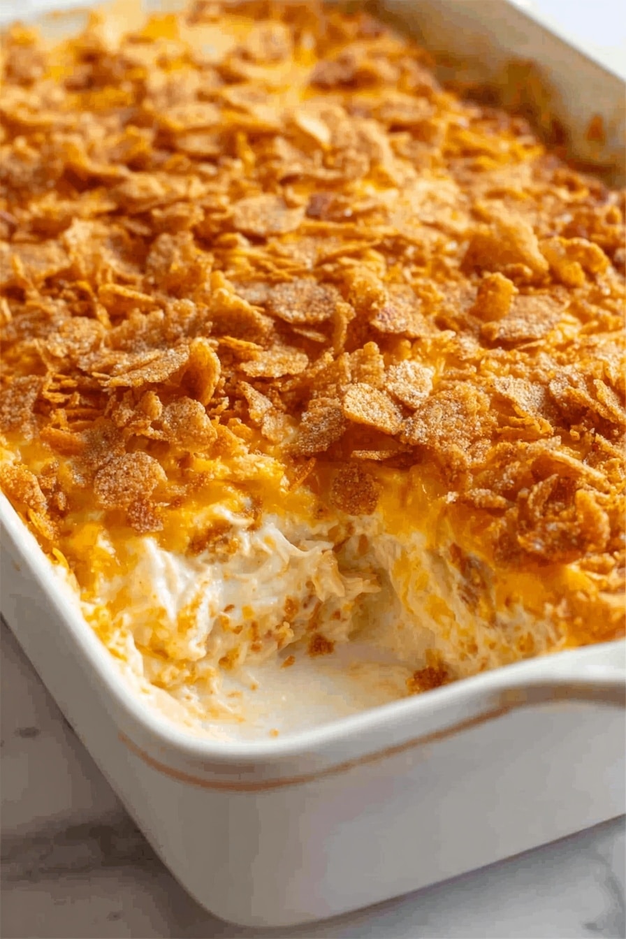 A white rectangular dish filled with a creamy casserole that has been scooped out from one corner, revealing a smooth, thick white sauce mixed with tender pieces of chicken underneath a layer of crispy shredded cheddar cheese and golden, crunchy broken cracker pieces spread evenly on top. The top layer has a toasted texture with a mix of orange and light brown shades from the melted cheese and baked crackers. The dish sits on a white marbled surface. Photo taken with an iphone --ar 2:3 --v 7 - Creamy Chicken Casserole, Chicken casserole recipe, comfort food dinner, easy chicken casserole, cheesy chicken casserole
