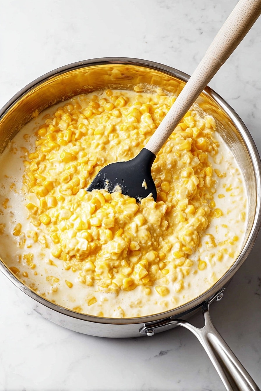 A shiny stainless steel pan filled with creamy corn that has two main layers: the bottom layer shows plump yellow corn kernels in a white creamy sauce, while the top layer is a thicker, more solid yellow corn mixture that looks soft and slightly lumpy. A black spatula with a light wooden handle is scooping some of the thicker yellow layer from the center, with a white marbled surface underneath the pan. photo taken with an iphone --ar 2:3 --v 7 - Creamed Corn, Creamed Corn Recipe, Easy Creamed Corn, Classic Creamed Corn Side Dish, Comfort Food Recipes