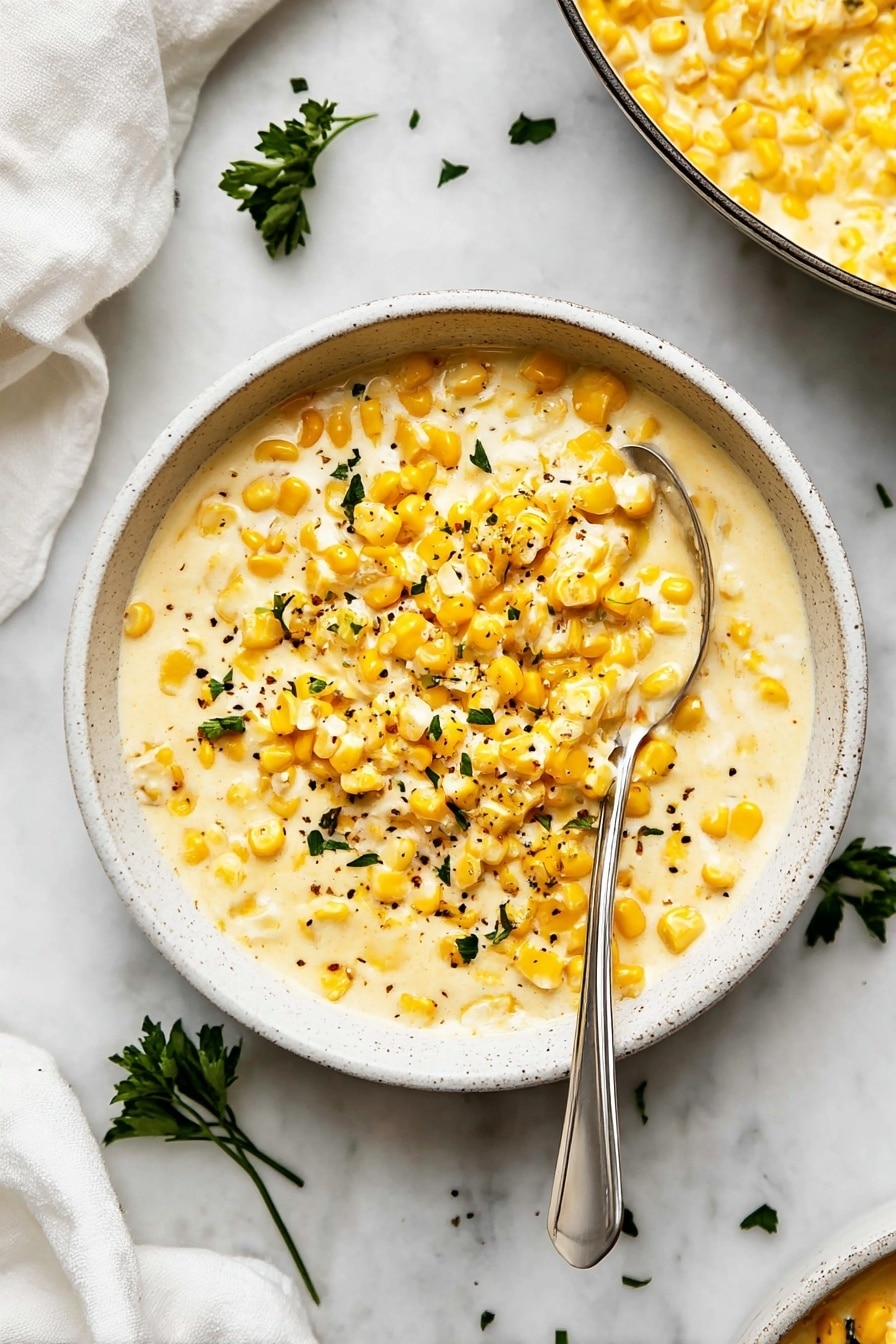 The image shows a bowl filled with creamy corn in a smooth, light yellow sauce mixed with bright yellow corn kernels. The corn is topped with small pieces of green parsley and sprinkled with black pepper. A spoon is partially inside the bowl, scooping some of the creamy corn. The bowl is white with a rough texture on the outside, placed on a white marbled surface with some green parsley scattered around. There is also a white cloth nearby and part of a pan with the same creamy corn mixture visible in the top right corner. Photo taken with an iphone --ar 2:3 --v 7 - Creamed Corn, Creamed Corn Recipe, Easy Creamed Corn, Classic Creamed Corn Side Dish, Comfort Food Recipes