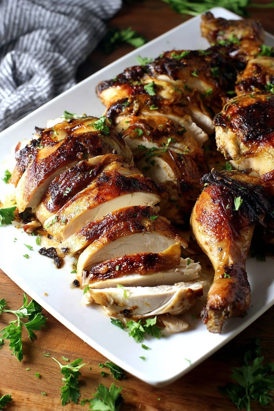 A white rectangular plate holds several pieces of cooked chicken with a golden brown crispy skin, some parts darker and slightly charred. The chicken is sliced into thick slices arranged in layers from left to right, showing tender white meat inside. There is a whole chicken leg placed on the bottom right corner of the plate. The chicken is sprinkled with fresh green parsley leaves for garnish. The plate rests on a wooden surface with scattered parsley leaves around and a gray striped cloth partially visible in the background. photo taken with an iphone --ar 2:3 --v 7 - Perfect Roast Turkey, crispy roast turkey, juicy turkey recipe, holiday turkey, succulent roast turkey