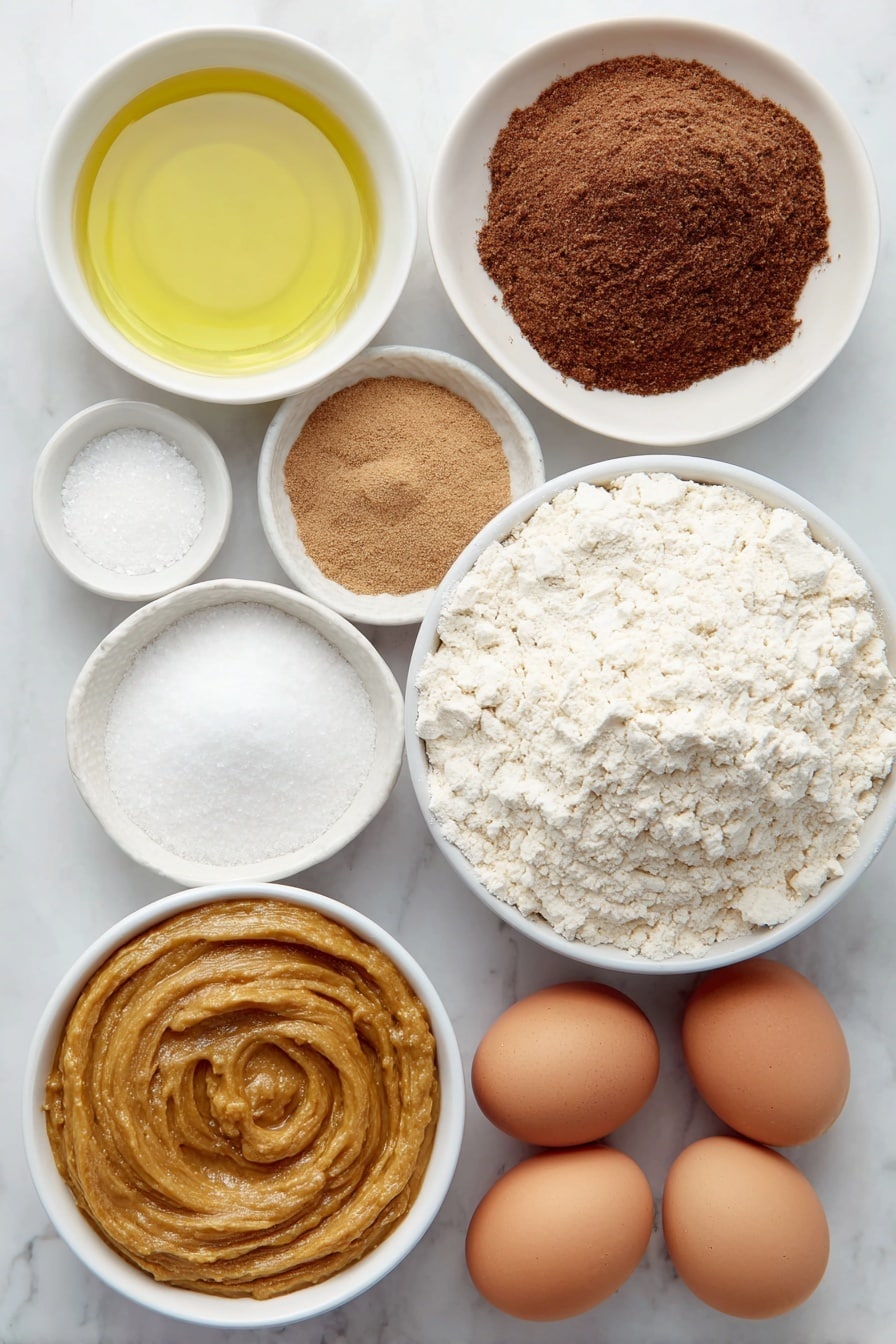 Flat lay of a small white ceramic bowl of golden vegetable oil, a small white ceramic bowl filled with white granulated sugar, two large brown eggs with clean shells, a small white ceramic bowl of rich orange pumpkin purée, a small white ceramic bowl heaped with pale all-purpose flour, a small white ceramic bowl containing warm brown pumpkin pie spice, a small white ceramic bowl with white baking soda powder, a small white ceramic bowl holding white baking powder, and a small white ceramic bowl filled with fine white salt, all arranged in perfect symmetry placed on a clean white marble surface, soft natural light, photo taken with an iPhone, professional food photography style, fresh ingredients, white ceramic bowls, no bottles, no duplicates, no utensils, no packaging --ar 2:3 --v 7 --p awthu7i m7354615311229779997 - Easy Pumpkin Bread, pumpkin bread recipe, fall baking ideas, moist pumpkin bread, cozy pumpkin bread
