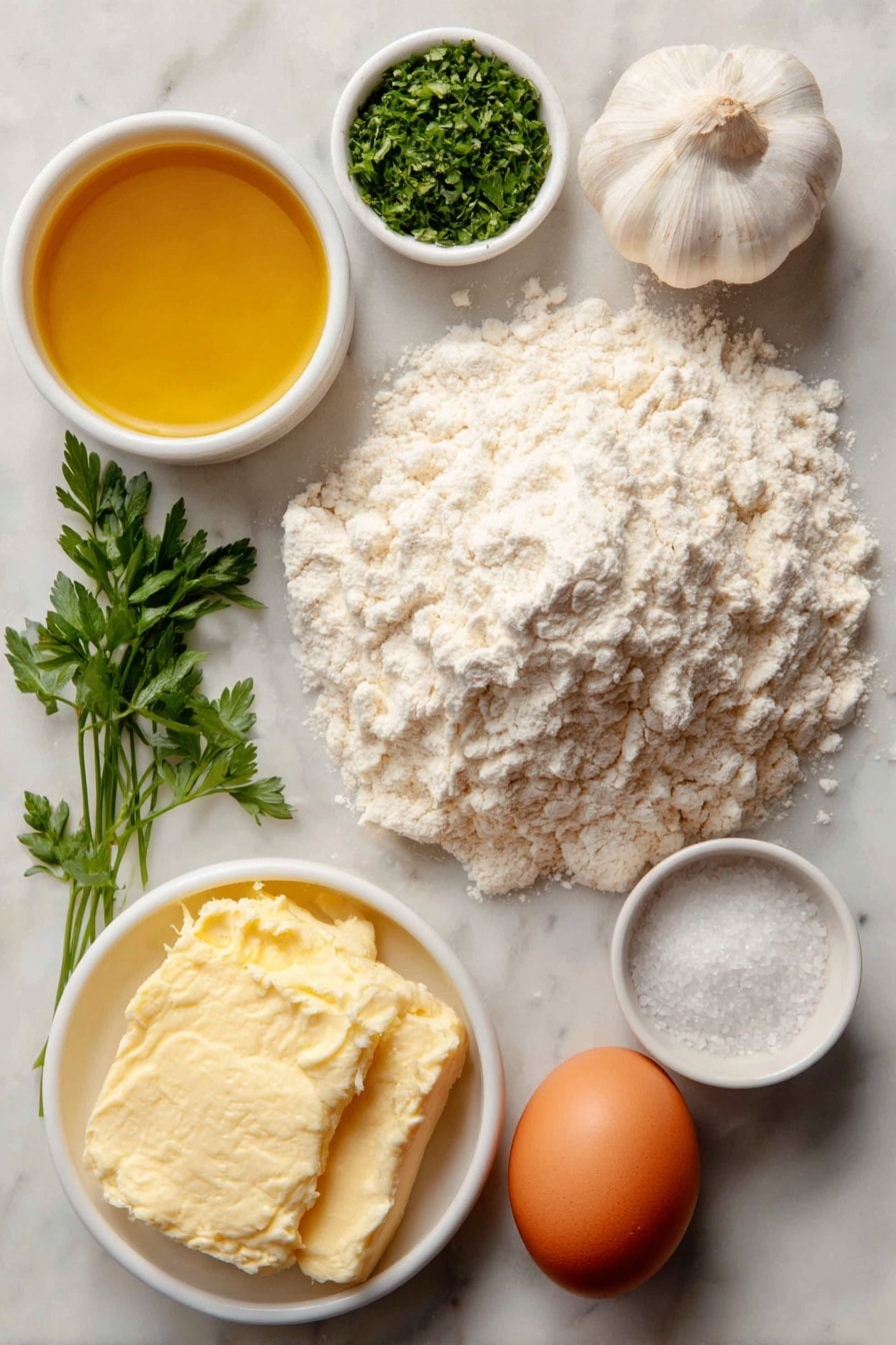 Flat lay of a small mound of white bread flour, a single large brown egg with an uncracked shell, a small white ceramic bowl of warm milk, a few granules of sugar scattered near the bowl, a pinch of salt crystals, a fresh whole garlic clove, a few sprigs of bright green chopped fresh parsley, a small white ceramic bowl of golden vegetable oil, and a small white ceramic bowl with melted butter, placed on a clean white marble surface, soft natural light, photo taken with an iPhone, professional food photography style, fresh ingredients, white ceramic bowls, no bottles, no duplicates, no utensils, no packaging --ar 2:3 --v 7 --p awthu7i m7354615311229779997 - Garlic Butter Dinner Rolls, soft fluffy dinner rolls, garlic bread dinner rolls, easy homemade dinner rolls, buttery garlic dinner rolls