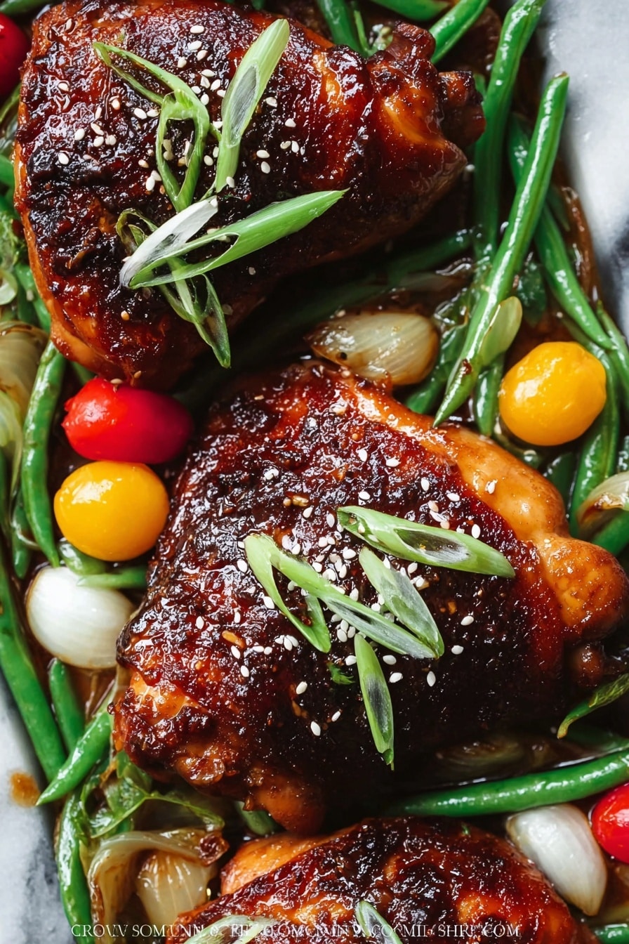 The image shows three pieces of dark brown cooked chicken with a shiny glaze, arranged close together on a white marbled surface. Each piece is topped with light green, thinly sliced curled spring onions and sprinkled with small white sesame seeds. Surrounding the chicken are bright green long beans, small yellow pearl onions, and a few red cherry tomatoes, adding color contrast. The chicken skin looks crispy with a slightly charred texture on some parts, creating a rich, savory appearance. photo taken with an iphone --ar 2:3 --v 7 - Honey Soy Glazed Chicken, Honey Soy Chicken, Easy Chicken Dinner, Juicy Chicken Recipes, Simple Glazed Chicken