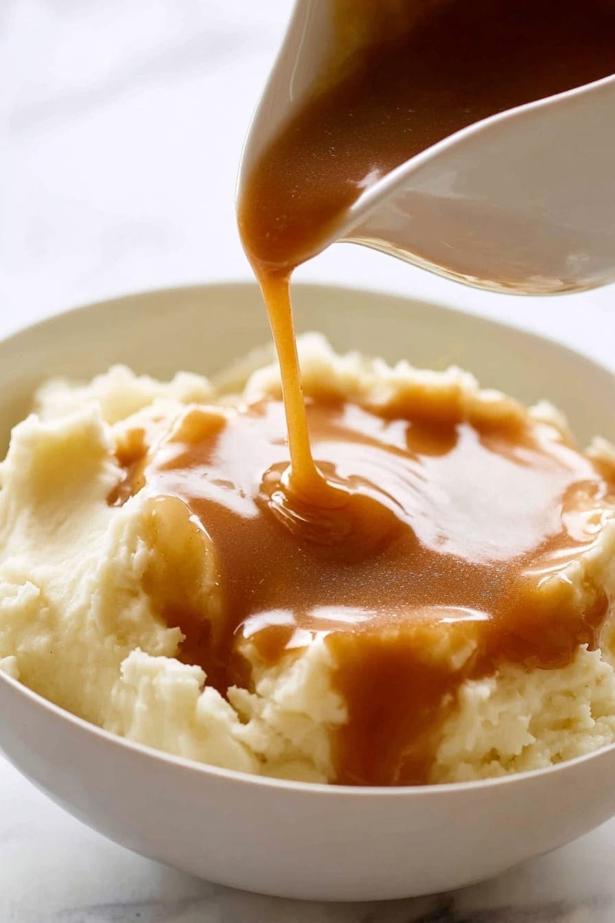 A close-up shows a white bowl filled with a creamy, pale yellow mashed potato layer that looks smooth and soft. On top, a thick, glossy brown gravy is being poured from a white gravy boat, creating a shiny, flowing layer over the mashed potatoes. The background surface is white with a marble texture. photo taken with an iphone --ar 2:3 --v 7 - KFC Style Homemade Gravy, easy homemade gravy, quick gravy recipe, flavorful gravy from scratch, comforting homemade gravy