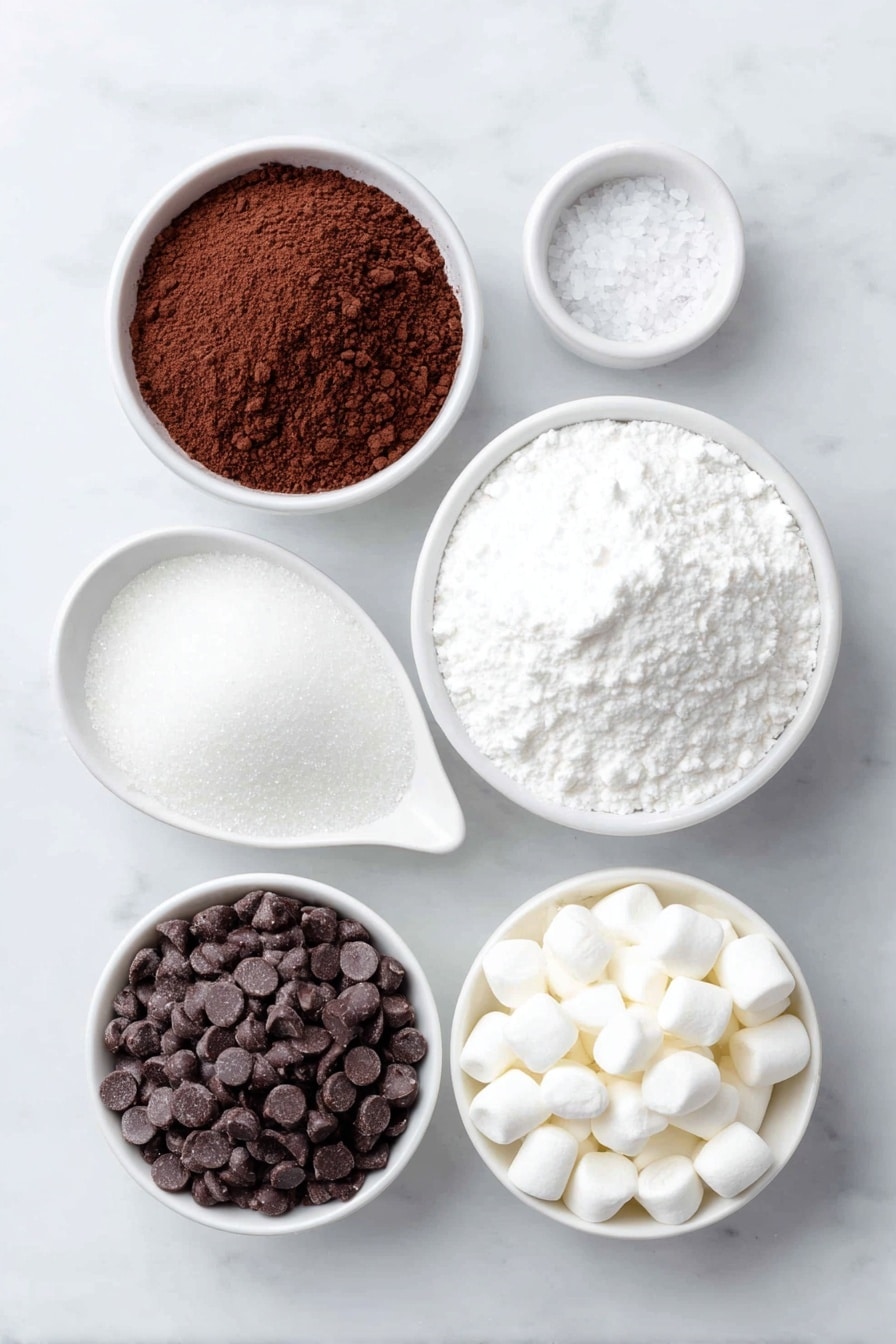 Flat lay of a small white ceramic bowl of granulated sugar, a small white ceramic bowl of rich dark cocoa powder, a tiny pinch of coarse kosher salt on a white ceramic spoon-shaped dish, a simple white ceramic bowl filled with glossy semi-sweet chocolate chips, a small white ceramic bowl with fine chocolate milk powder, and another small white ceramic bowl holding fluffy white mini marshmallows, all arranged symmetrically and balanced, placed on a clean white marble surface, soft natural light, photo taken with an iPhone, professional food photography style, fresh ingredients, white ceramic bowls, no bottles, no duplicates, no utensils, no packaging --ar 2:3 --v 7 --p awthu7i m7354615311229779997 - hot chocolate bombs, how to make hot chocolate bombs, homemade hot chocolate bombs, easy hot chocolate bombs recipe, chocolate sphere hot chocolate